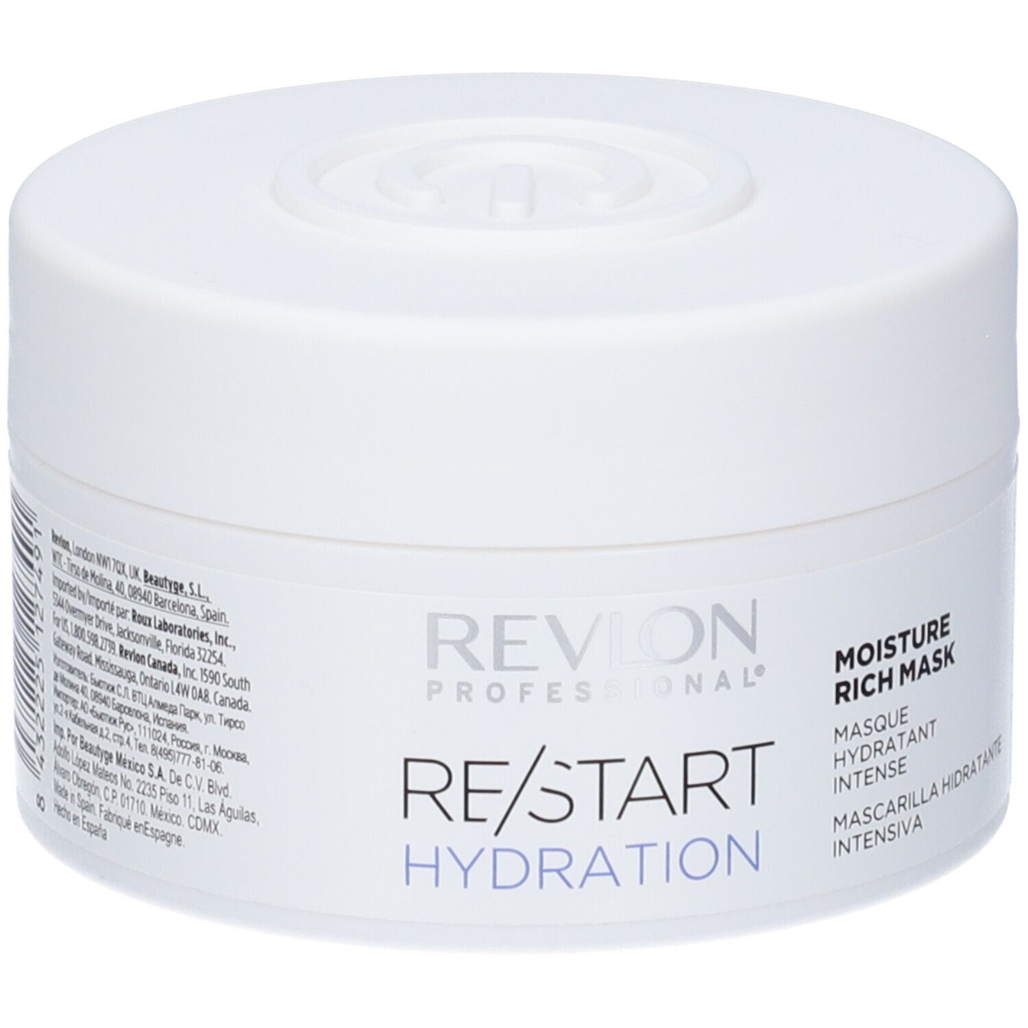 Weißer Tiegel mit Deckel. Aufschrift: RE/START HYDRATION, MOISTURE RICH MASK. Blaue Akzente.