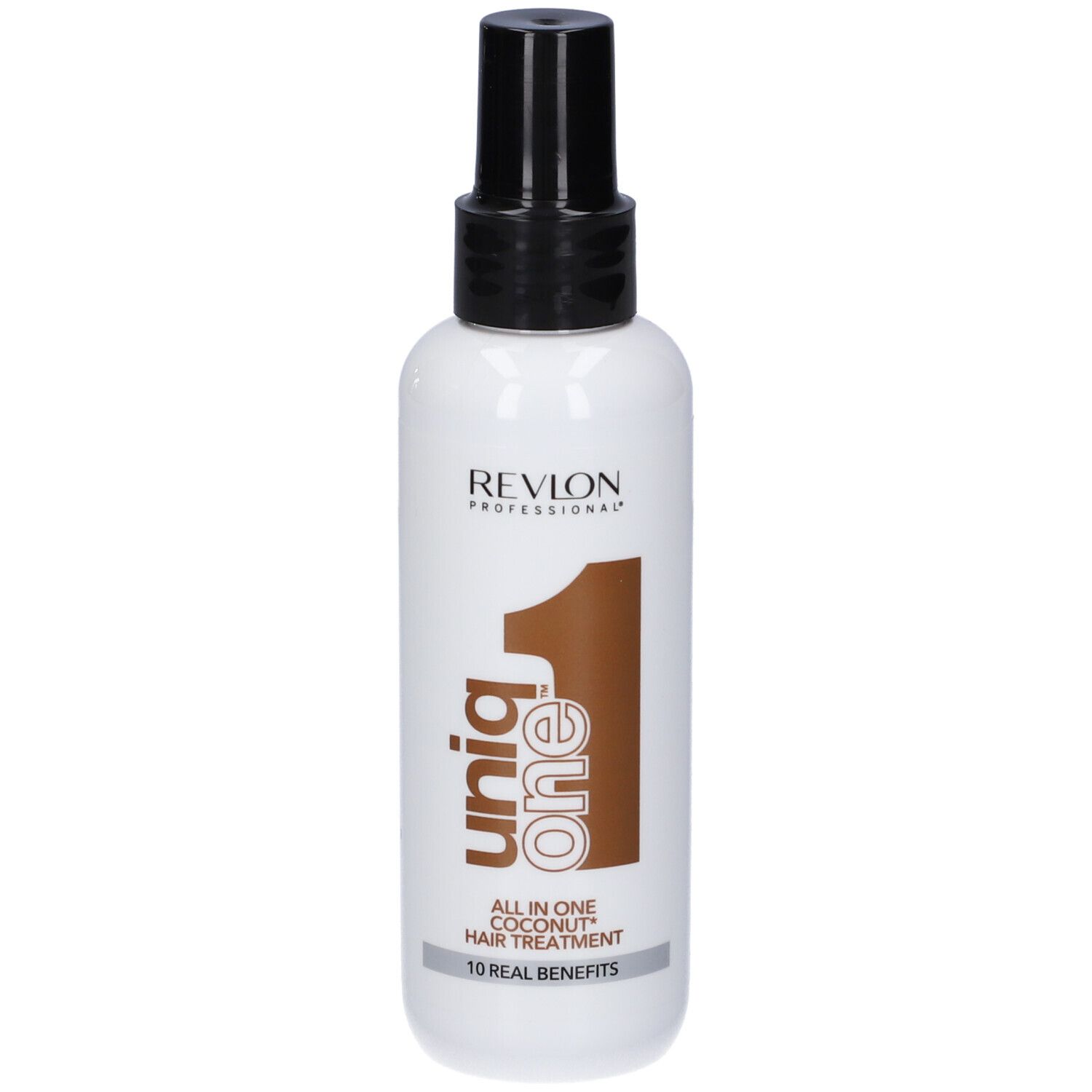 Haar-Treatment-Spray. Weiße Flasche mit schwarzem Sprühkopf. Aufdruck: Revlon, Uniq One, Coconut Hair Treatment.
