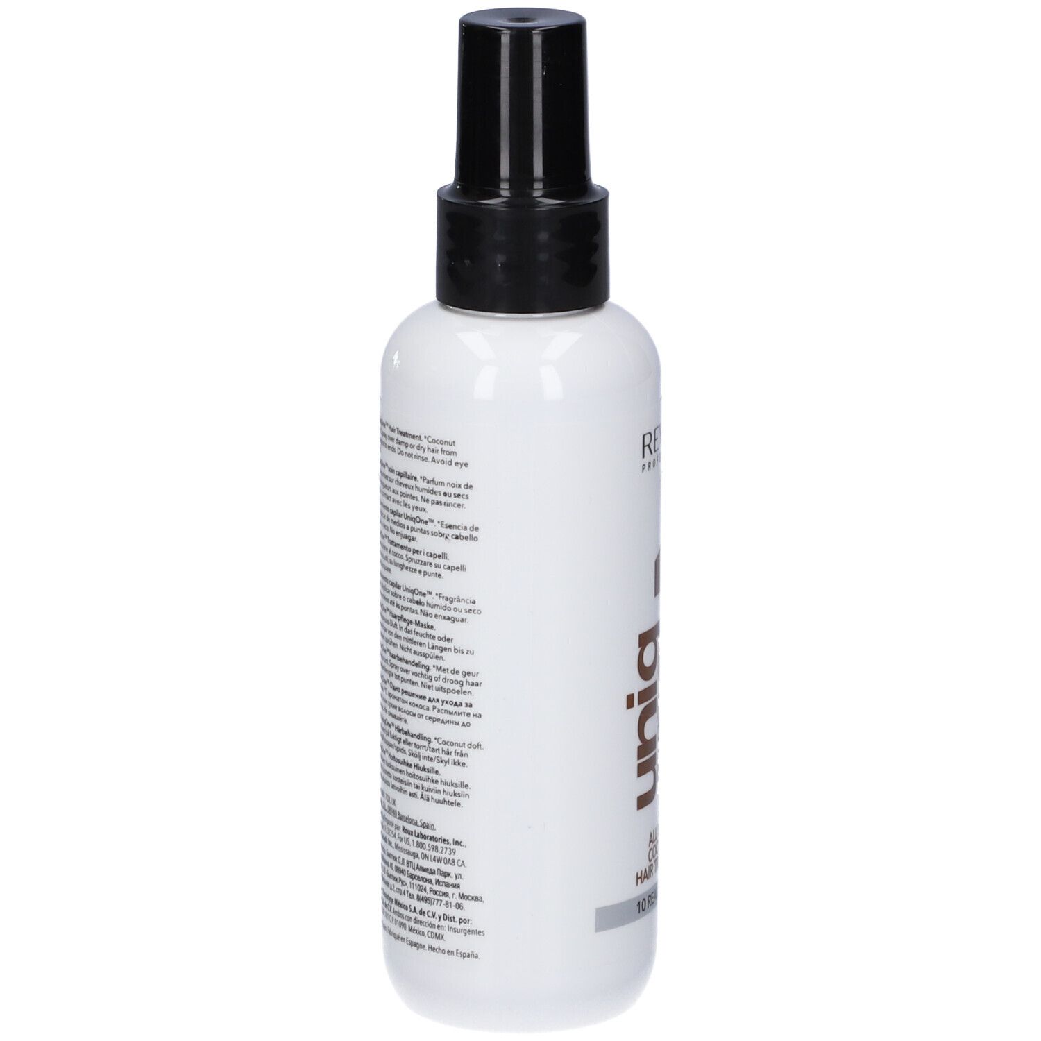 Haar-Treatment-Spray. Weiße Flasche mit schwarzem Sprühkopf. Rückseite mit Text und Inhaltsstoffen.
