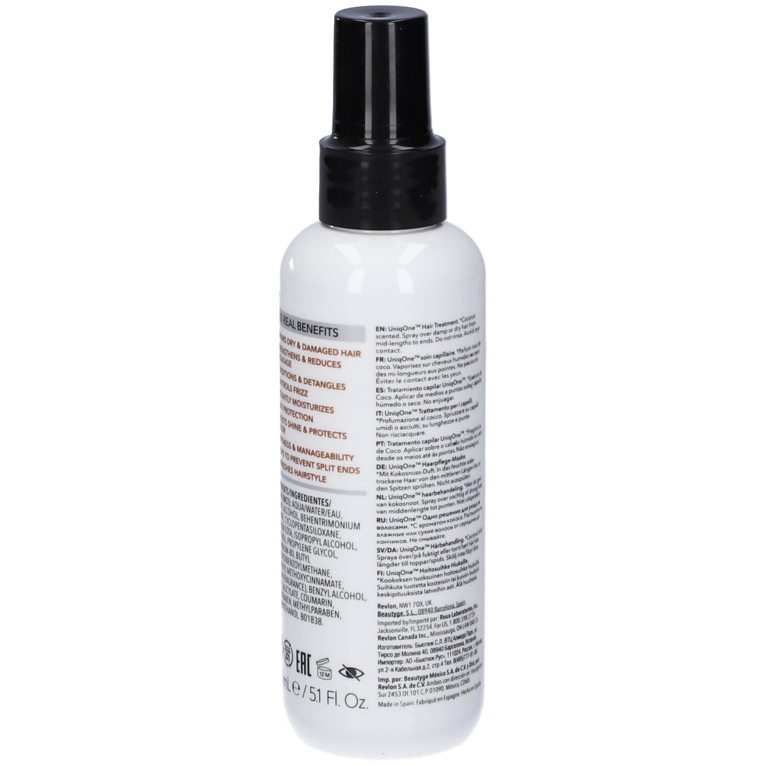 Haar-Treatment-Spray. Weiße Flasche mit schwarzem Sprühkopf. Rückseite mit Text und Inhaltsstoffen.