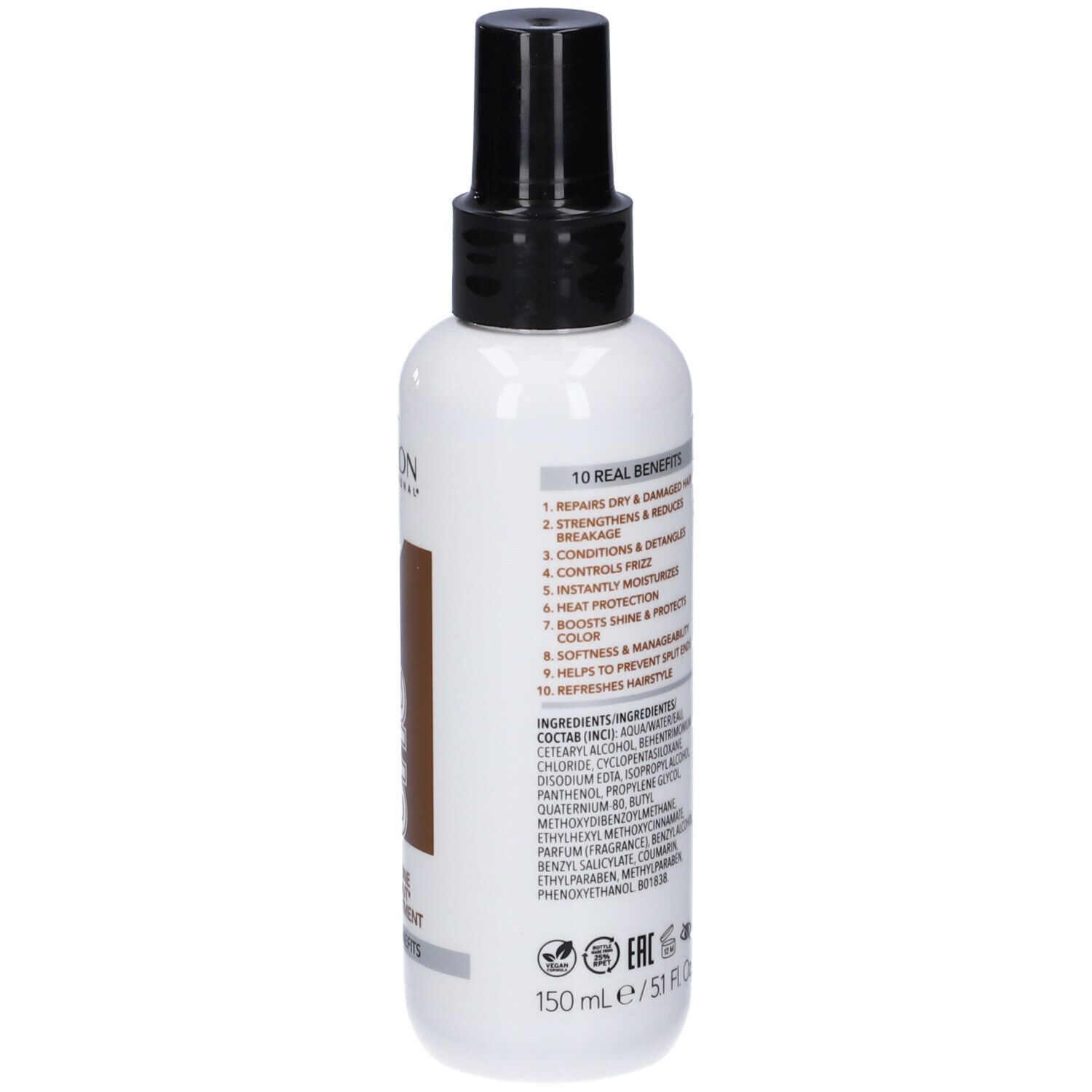 Haar-Treatment-Spray. Weiße Flasche mit schwarzem Sprühkopf. Rückseite mit Text und Inhaltsstoffen.