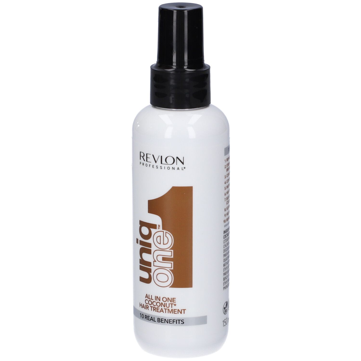 Haar-Treatment-Spray. Weiße Flasche mit schwarzem Sprühkopf. Aufdruck: Revlon, Uniq One, Coconut Hair Treatment.