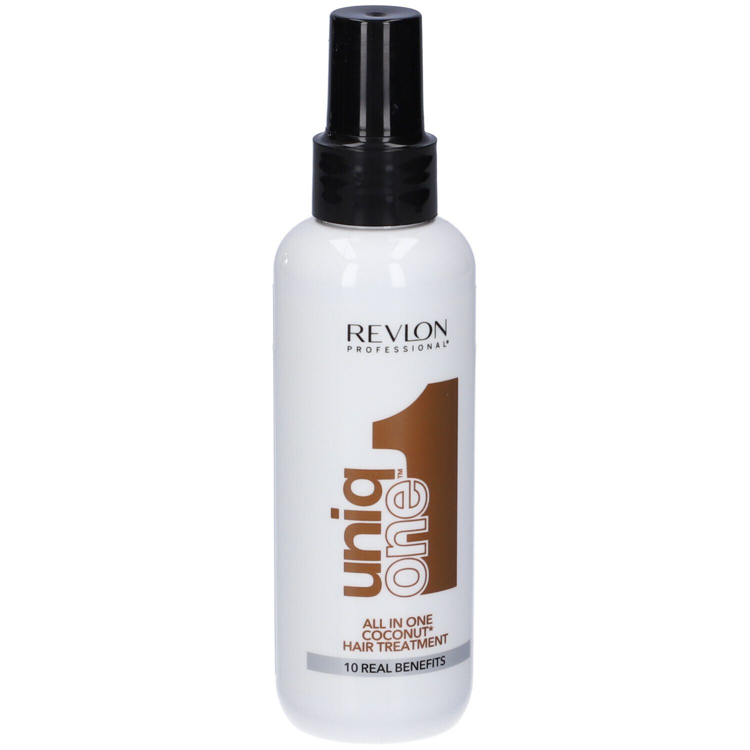 Haar-Treatment-Spray. Weiße Flasche mit schwarzem Sprühkopf. Aufdruck: Revlon, Uniq One, Coconut Hair Treatment.