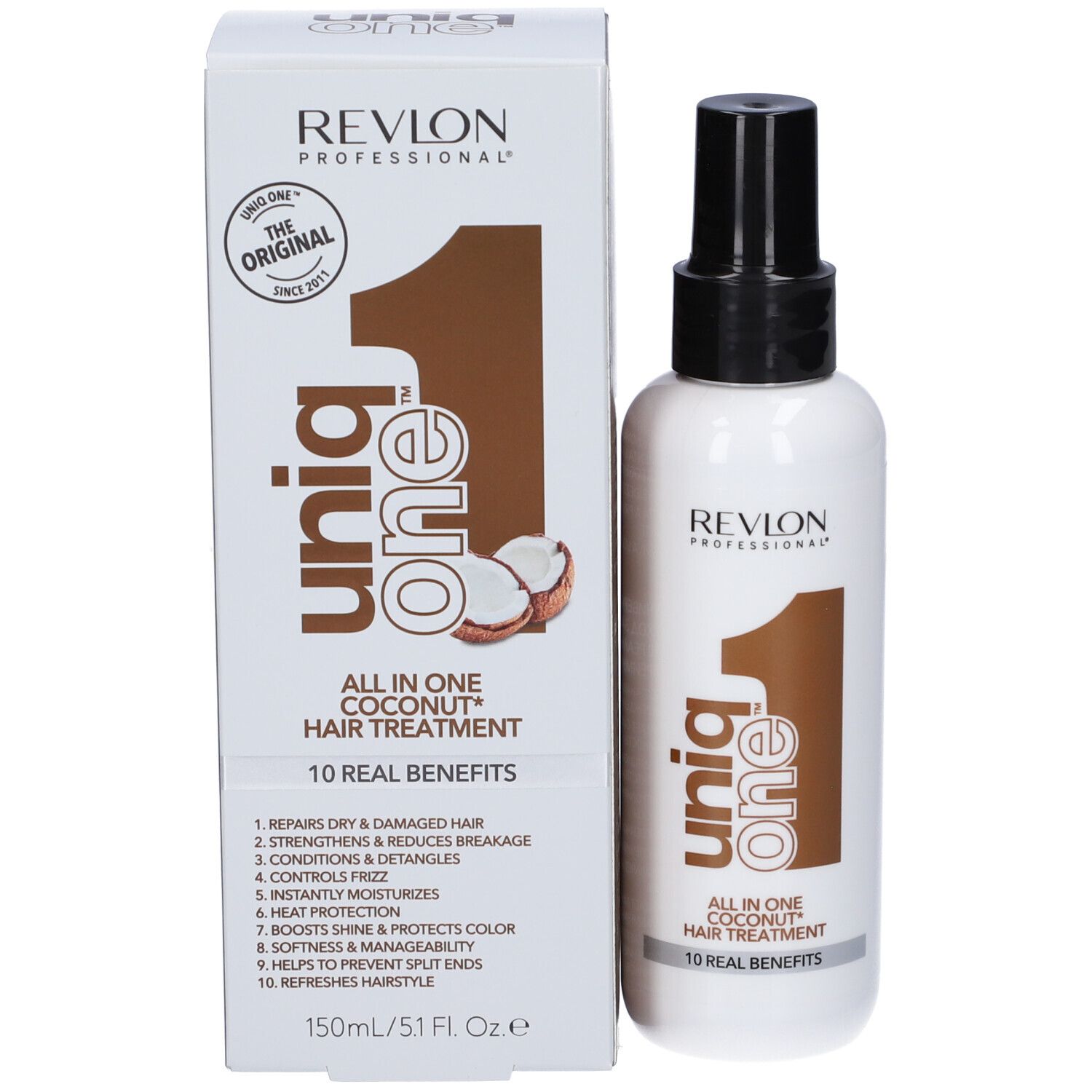 Haar-Treatment-Spray und Verpackung. Weiße Flasche und Karton. Aufdruck: Revlon, Uniq One, Coconut Hair Treatment.