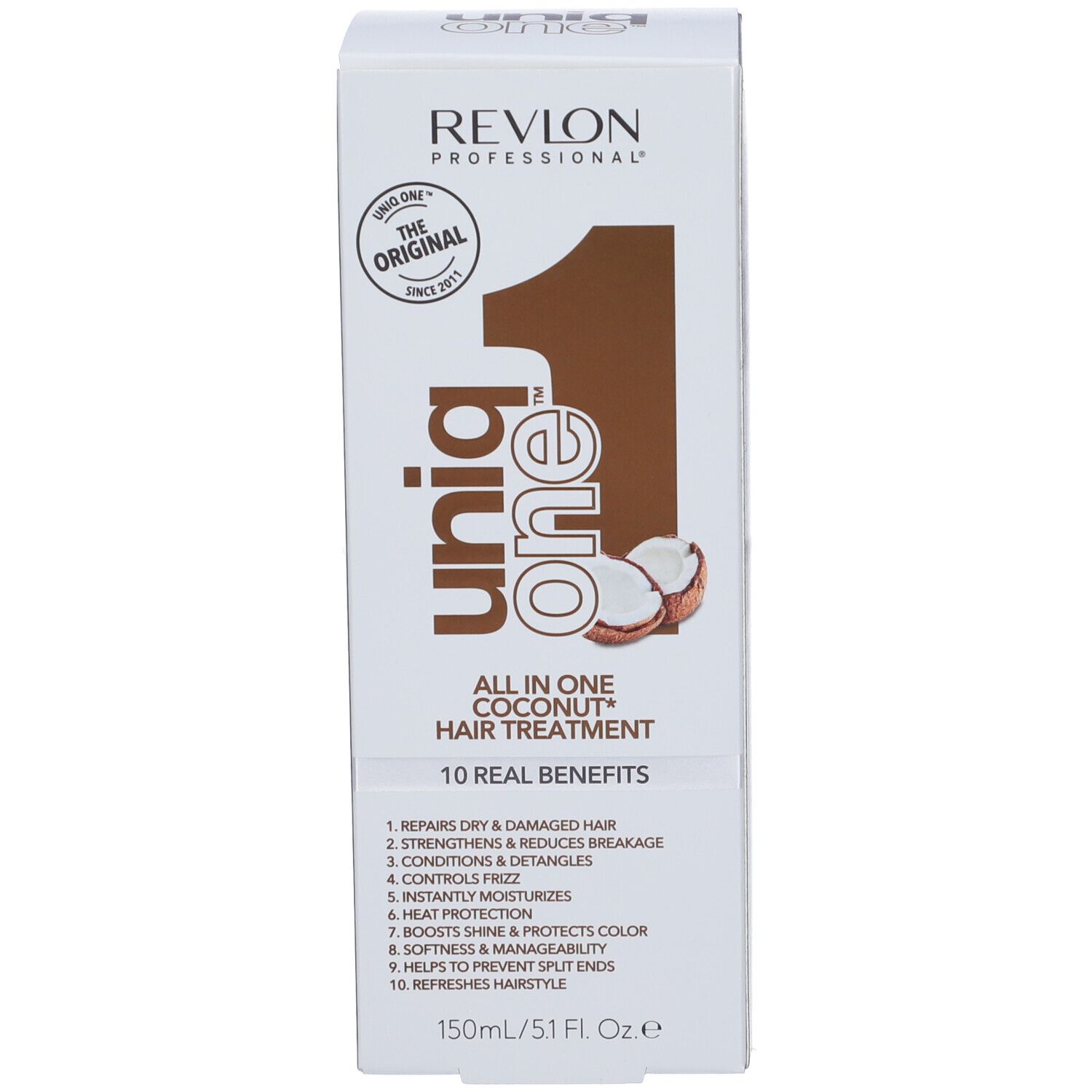 Haar-Treatment-Spray und Verpackung. Weiße Flasche und Karton. Aufdruck: Revlon, Uniq One, Coconut Hair Treatment.
