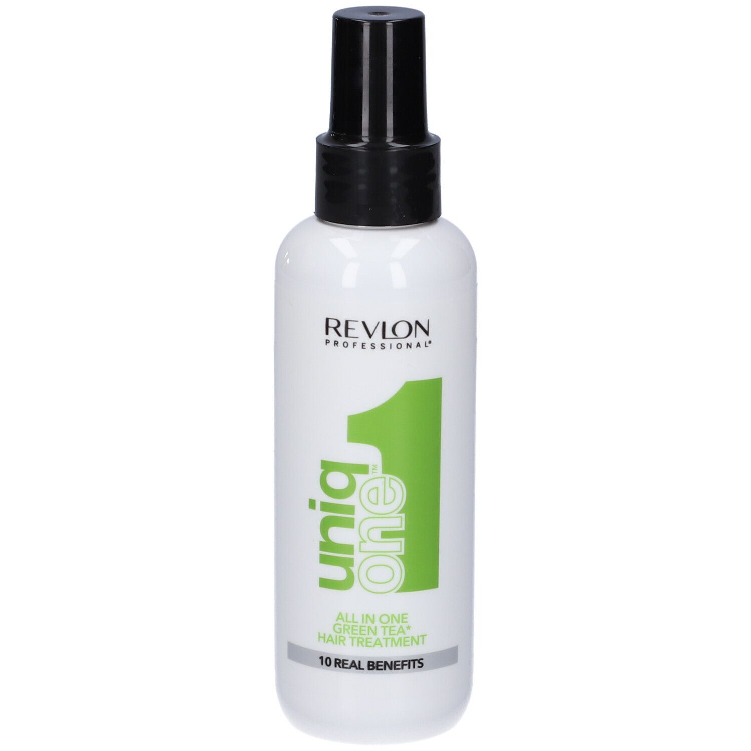 Weißes Haarspray mit schwarzem Sprühkopf. Aufschrift: Uniq One, All in One Green Tea Hair Treatment. Revlon Professional.