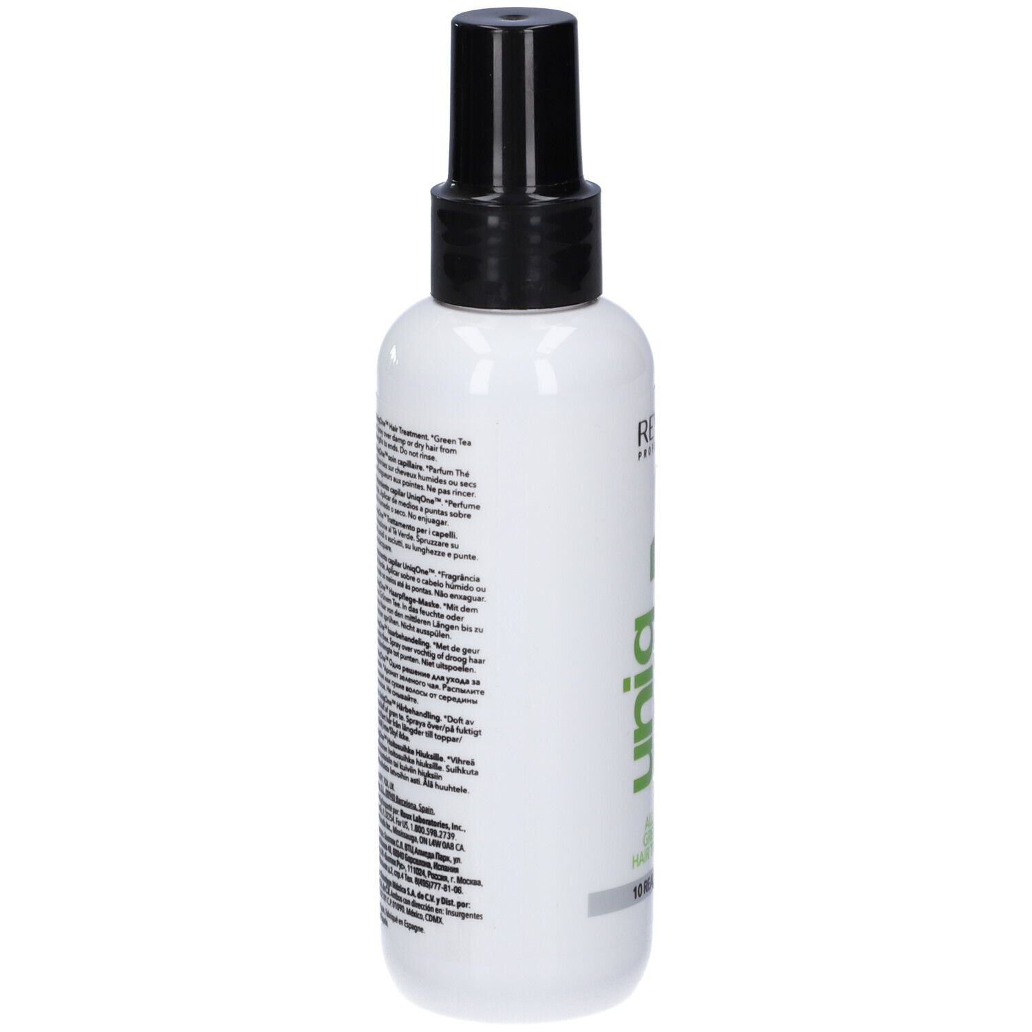 Weißes Haarspray mit schwarzem Sprühkopf. Rückseite mit Text. Revlon Professional. Uniq One.