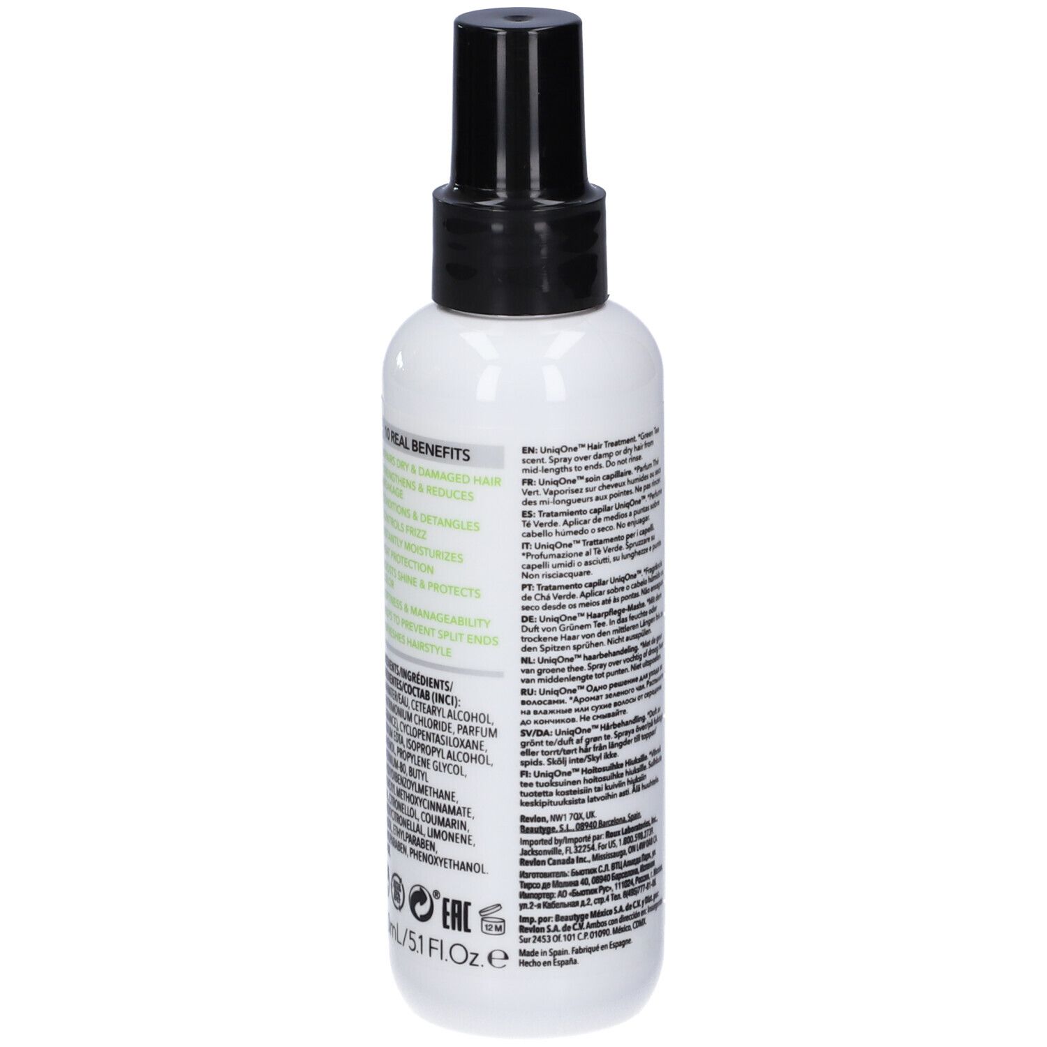 Weißes Haarspray mit schwarzem Sprühkopf. Rückseite mit Text und Inhaltsstoffen. Revlon Professional. Uniq One.
