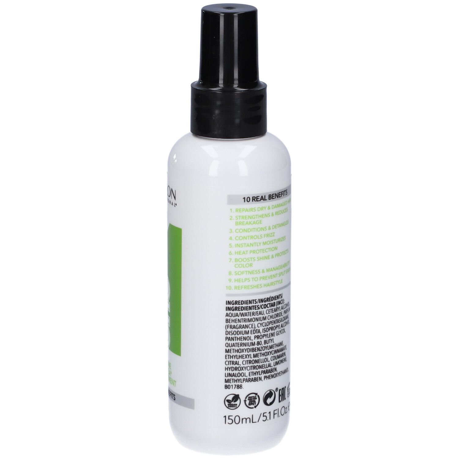 Weißes Haarspray mit schwarzem Sprühkopf. Rückseite mit Text und Inhaltsstoffen. Revlon Professional. Uniq One.