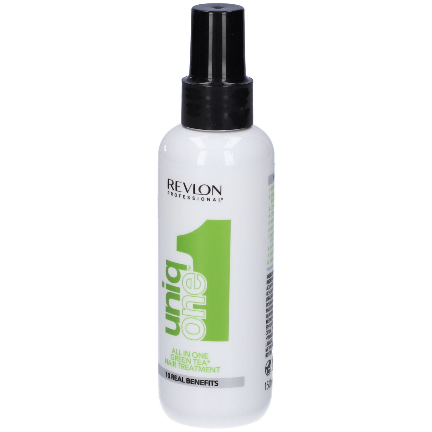 Weißes Haarspray mit schwarzem Sprühkopf. Aufschrift: Uniq One, All in One Green Tea Hair Treatment. Revlon Professional.
