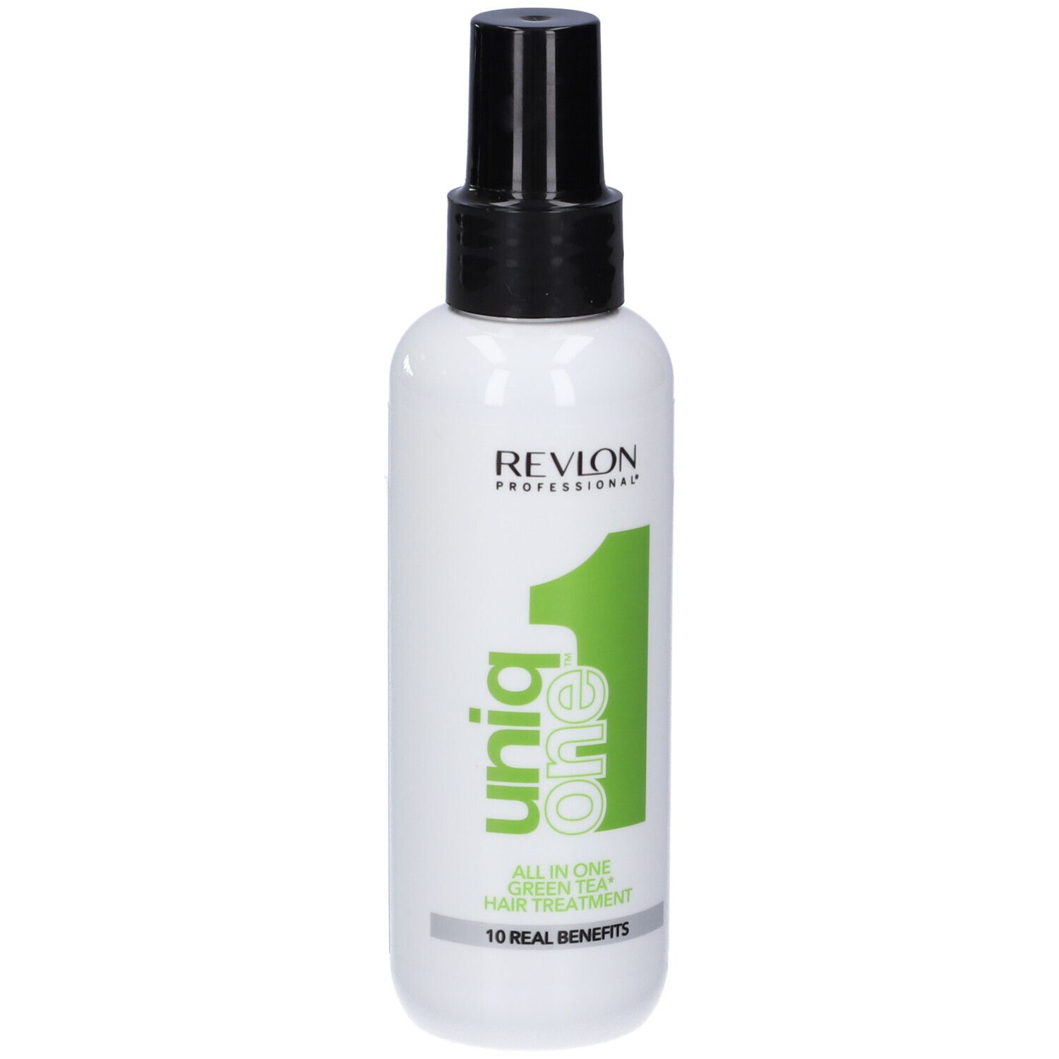 Weißes Haarspray mit schwarzem Sprühkopf. Aufschrift: Uniq One, All in One Green Tea Hair Treatment. Revlon Professional.