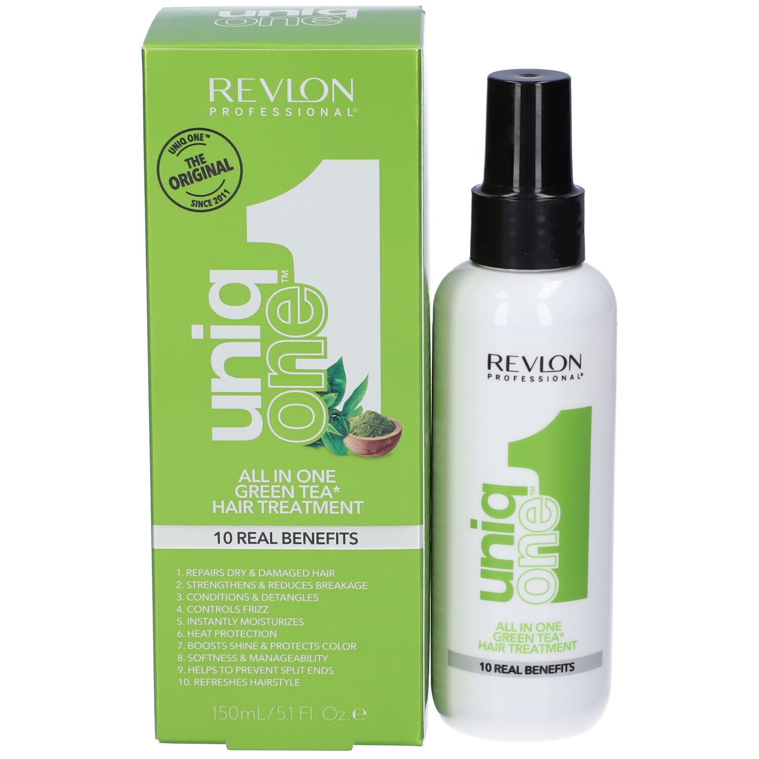Grüne Verpackung und Haarspray. Aufschrift: Uniq One, All in One Green Tea Hair Treatment. Revlon Professional. Mit Logo.
