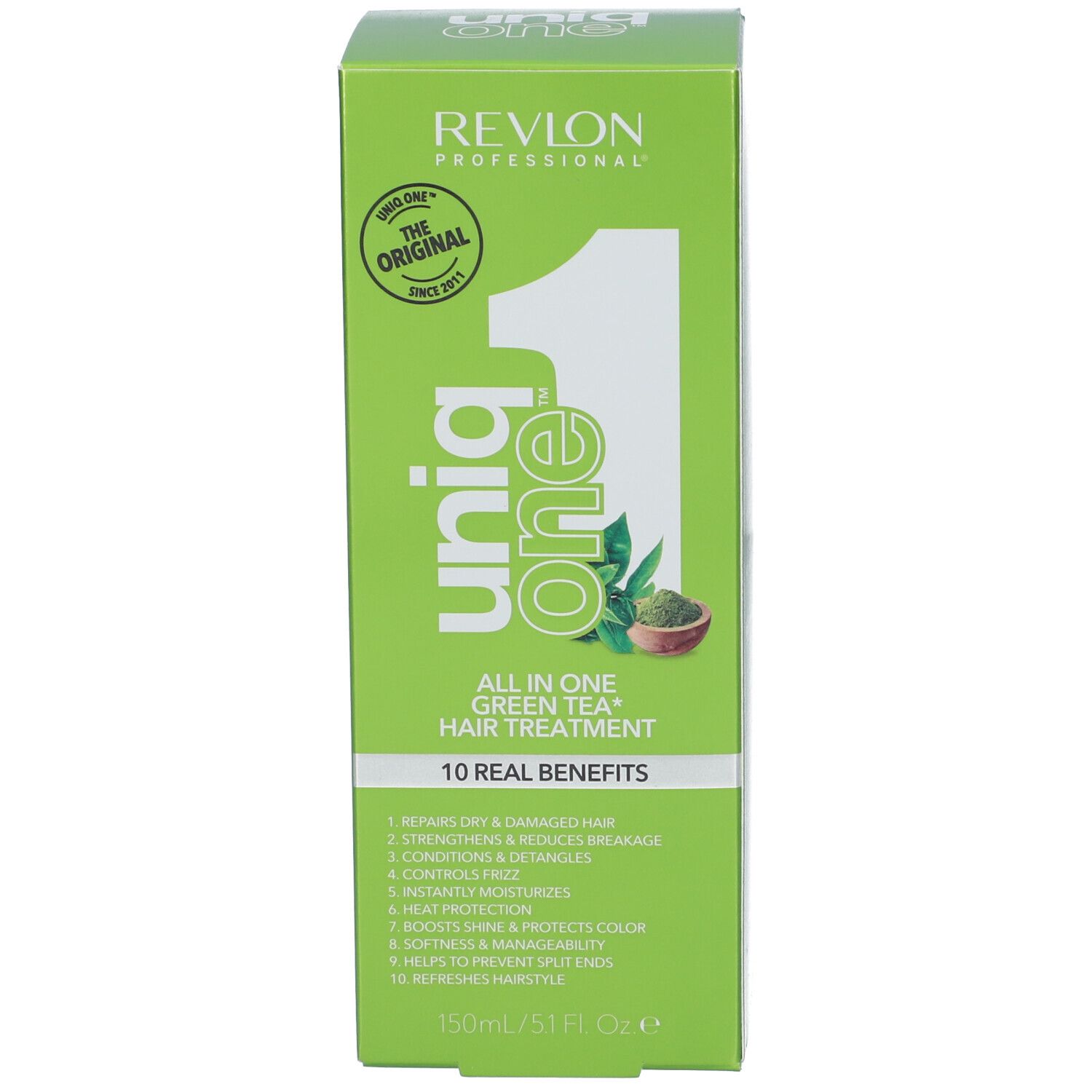 Grüne Verpackung. Aufschrift: Uniq One, All in One Green Tea Hair Treatment. Revlon Professional. Mit Logo.