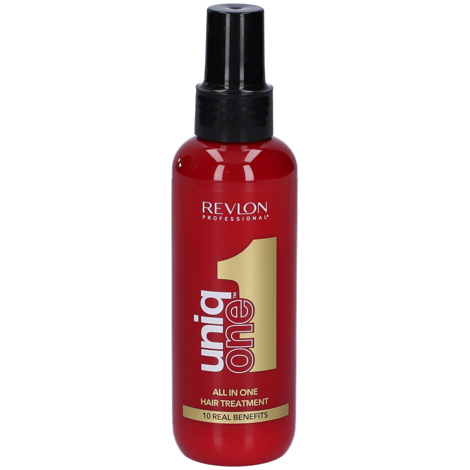 Rote Flasche mit schwarzem Sprühkopf. Aufschrift: Revlon Professional, Uniq One, All in One Hair Treatment.