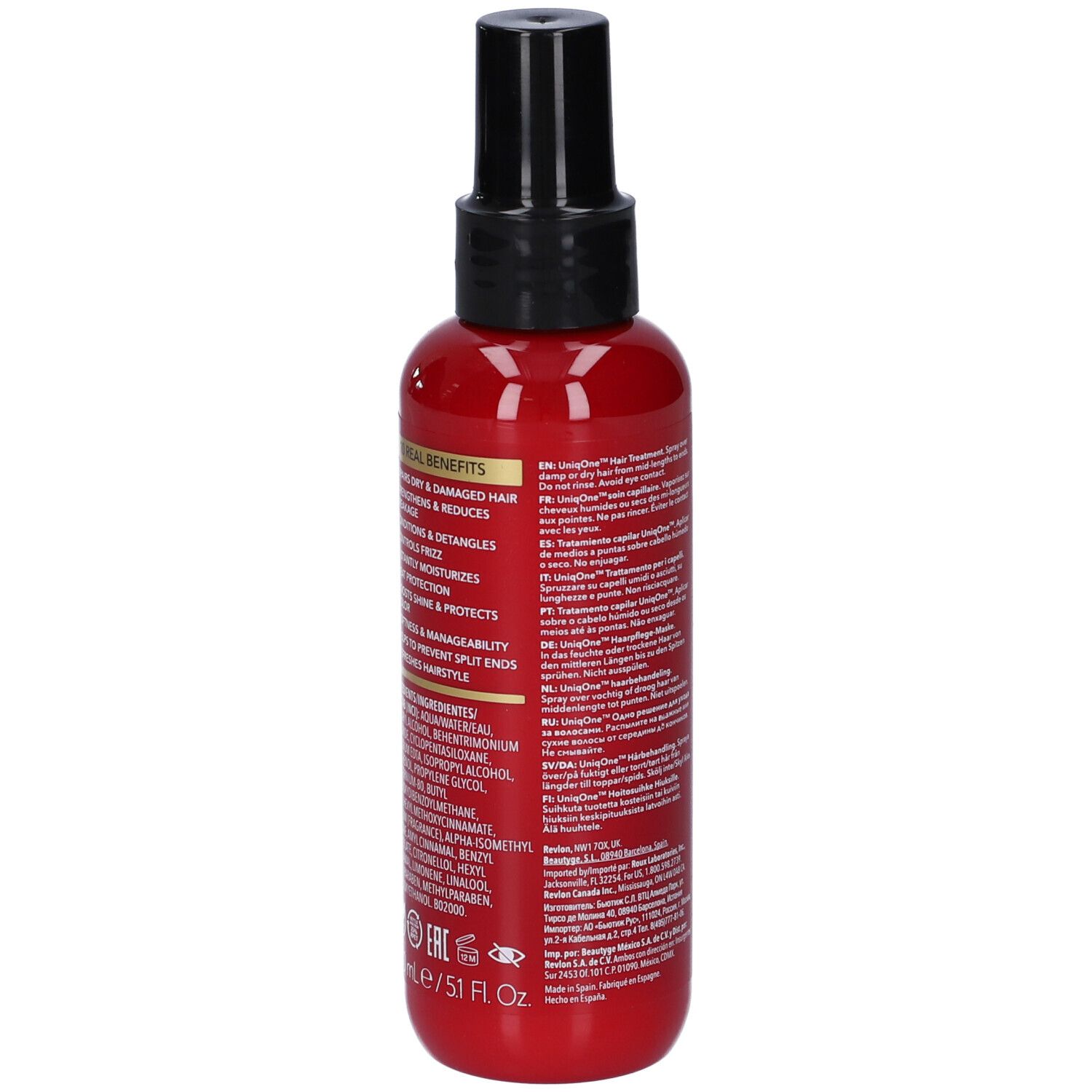 Rote Flasche mit schwarzem Sprühkopf. Rückseite mit Text. Aufschrift: Uniq One, All in One Hair Treatment.