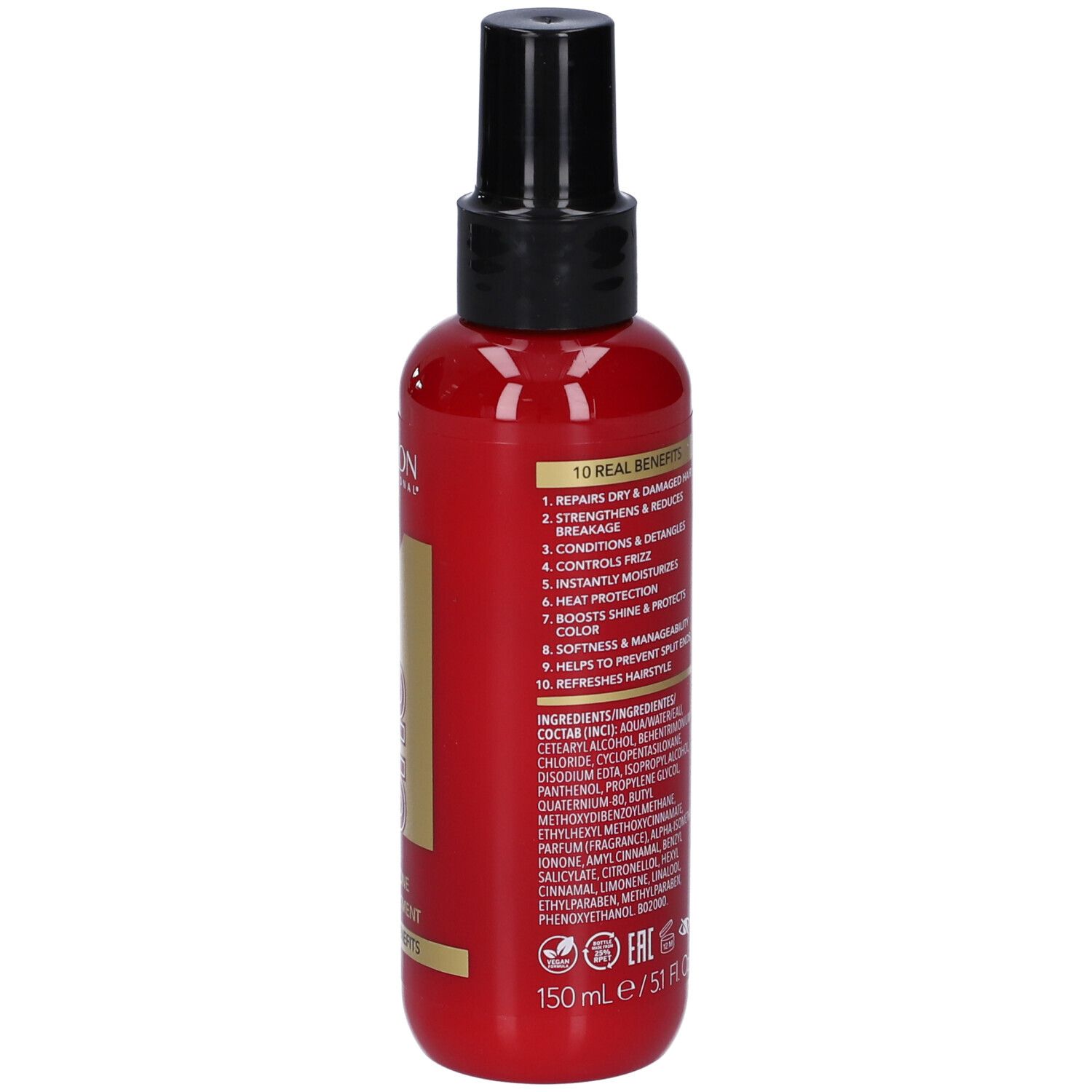 Rote Flasche mit schwarzem Sprühkopf. Rückseite mit Text. Aufschrift: Uniq One, All in One Hair Treatment.