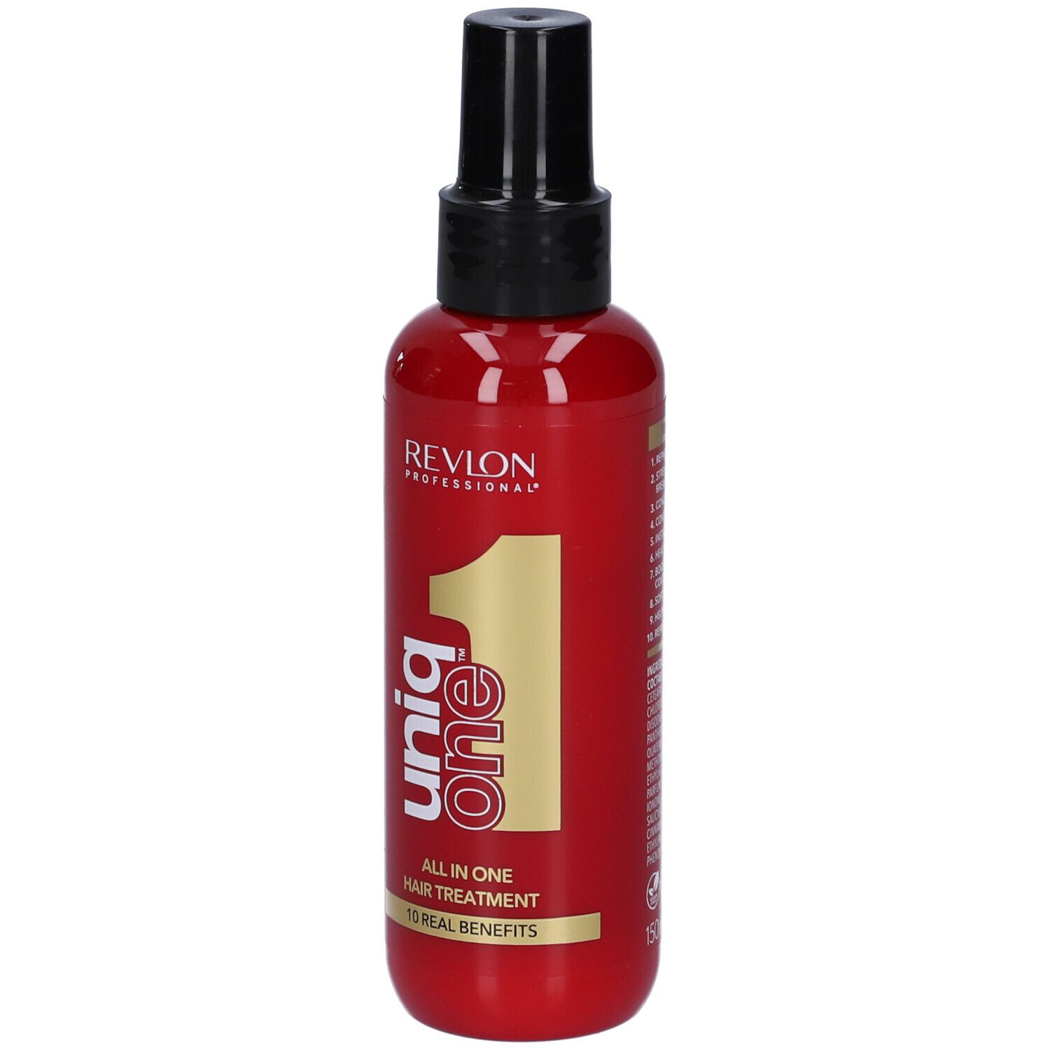 Rote Flasche mit schwarzem Sprühkopf. Aufschrift: Revlon Professional, Uniq One, All in One Hair Treatment.