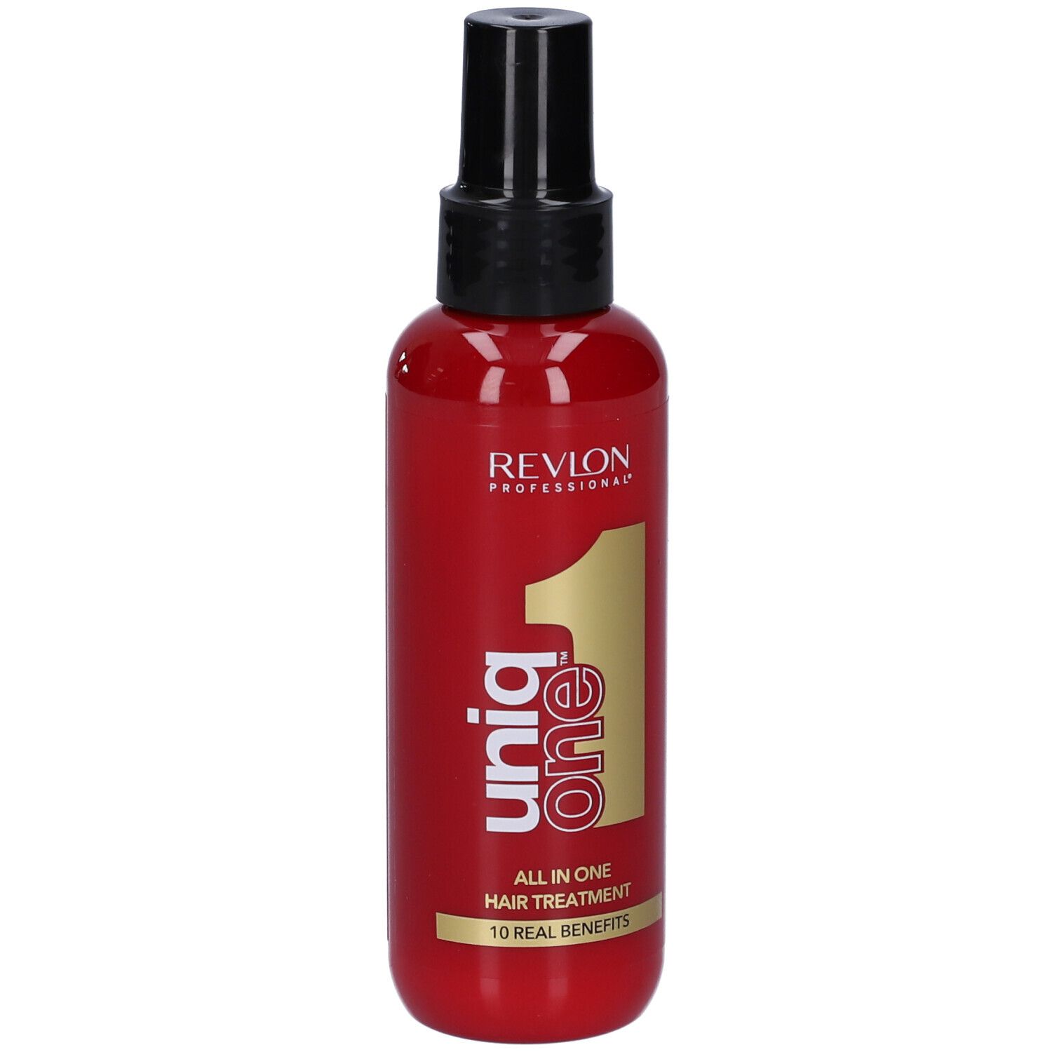 Rote Flasche mit schwarzem Sprühkopf. Aufschrift: Revlon Professional, Uniq One, All in One Hair Treatment.