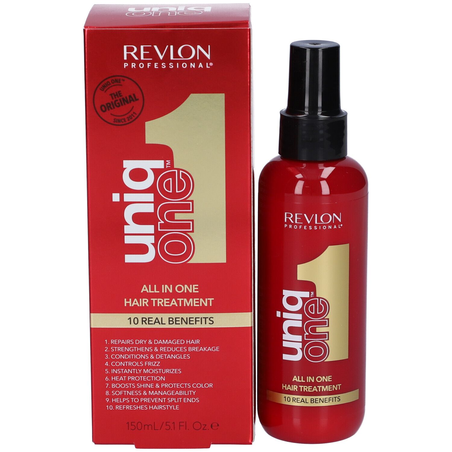 Produkt und Verpackung. Rote Schachtel und Flasche. Aufschrift: Revlon Professional, Uniq One, All in One Hair Treatment.