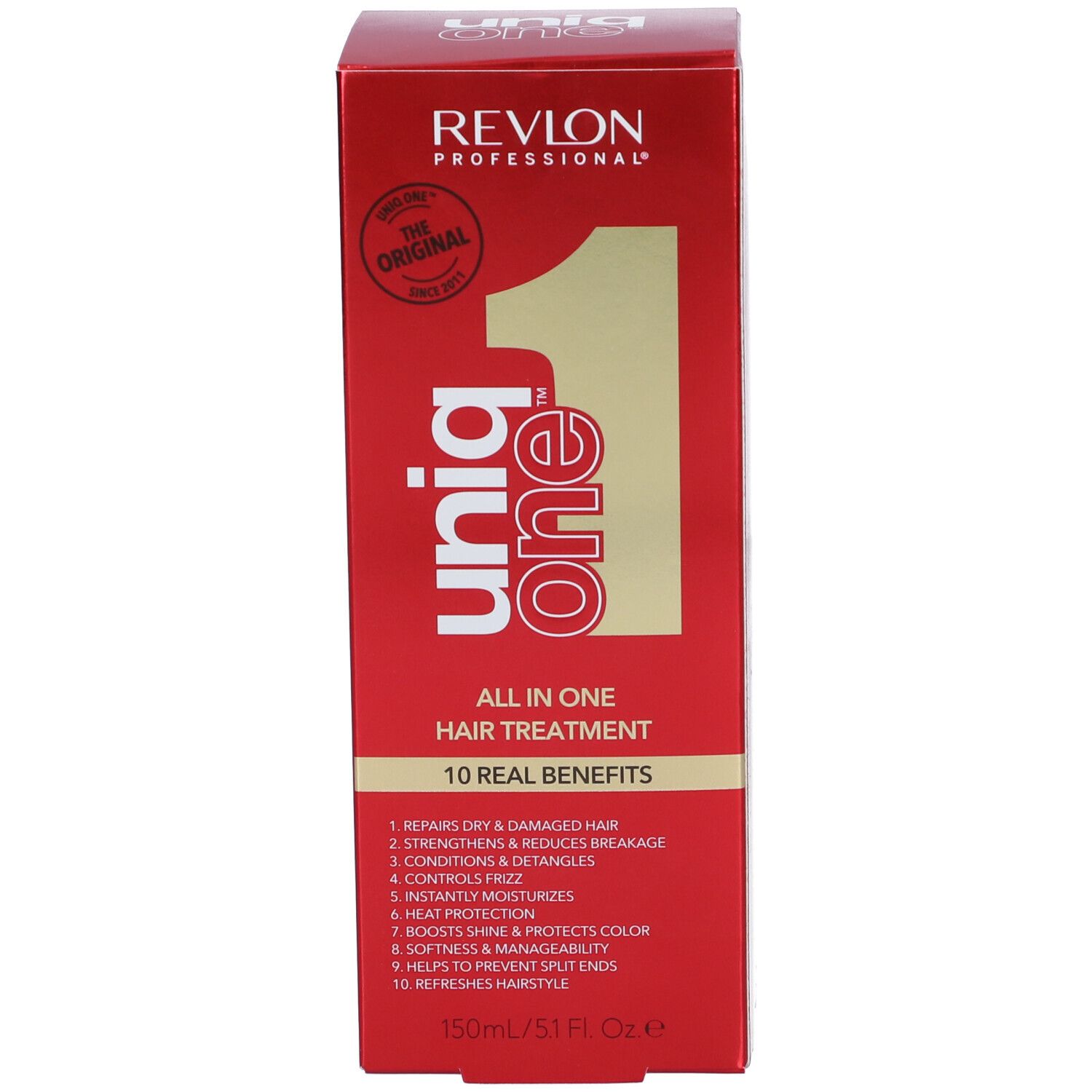 Produkt und Verpackung. Rote Schachtel und Flasche. Aufschrift: Revlon Professional, Uniq One, All in One Hair Treatment.