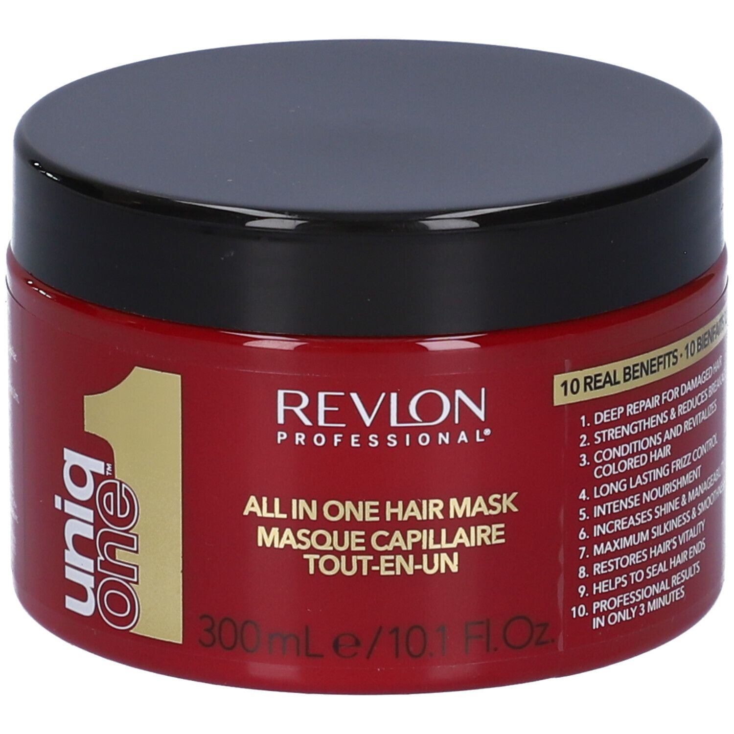Rote Dose mit schwarzem Deckel. Aufschrift: Revlon Professional Uniq One All in One Hair Mask. 300ml/10.1 Fl.Oz. 10 Vorteile.