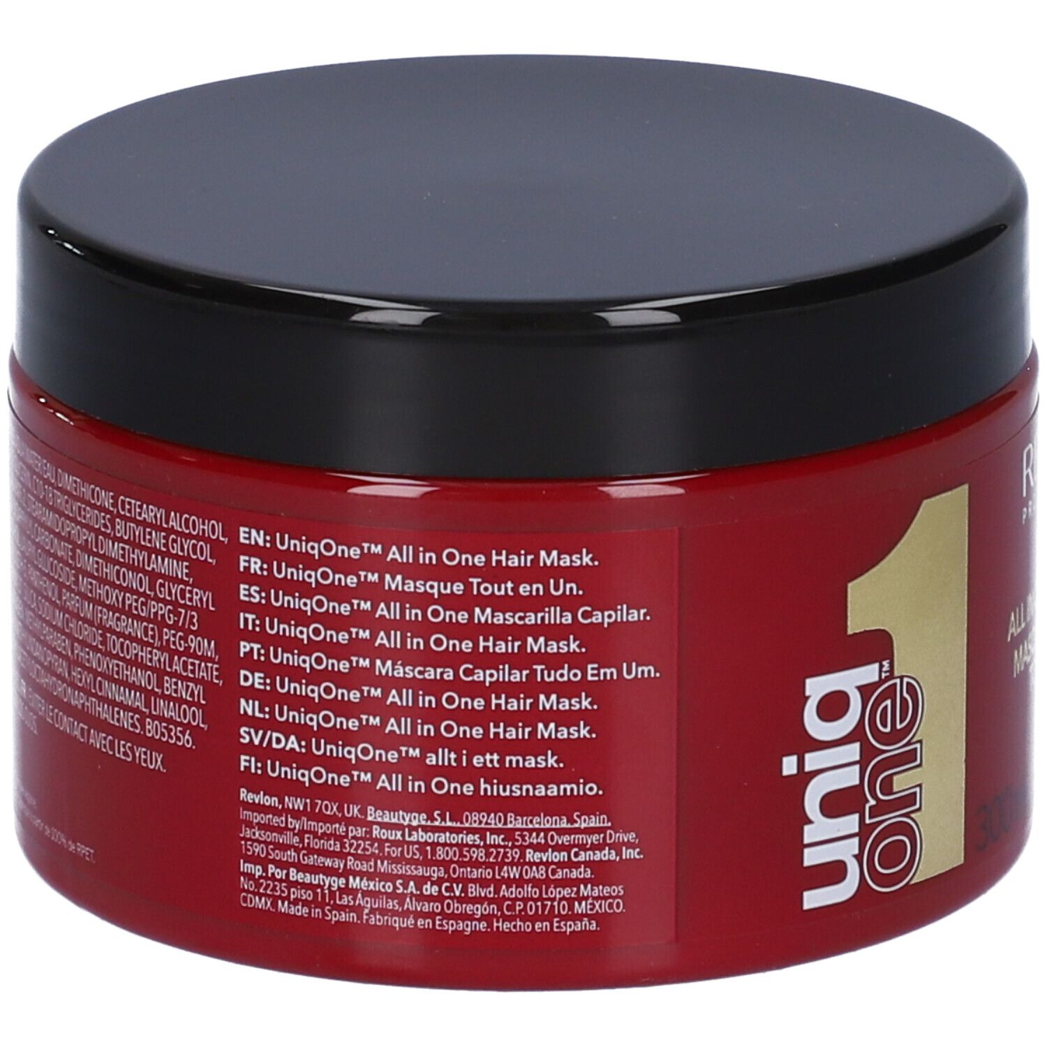 Rote Dose mit schwarzem Deckel. Aufschrift: Uniq One All in One Hair Mask. Rückseite mit Inhaltsstoffen und Herstellerinformationen.