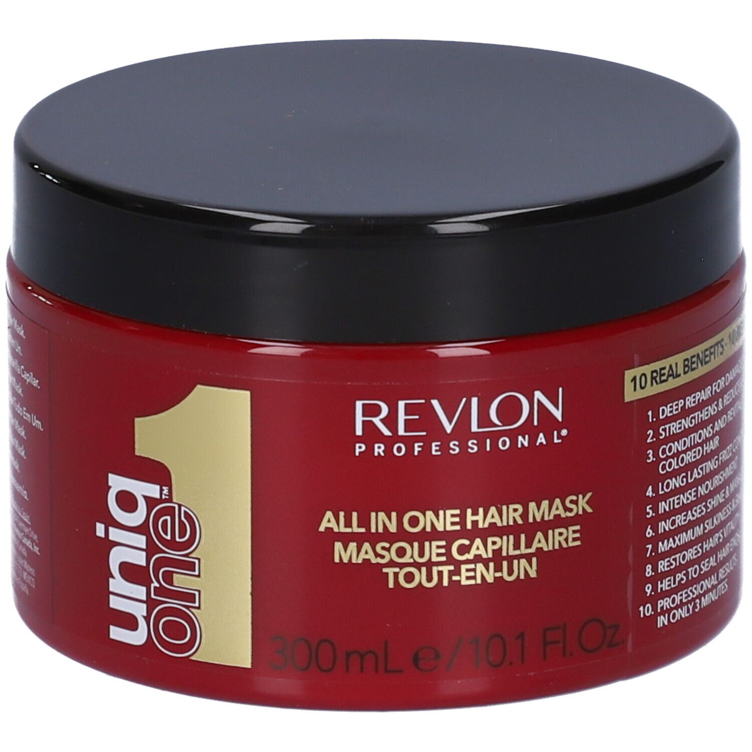Rote Dose mit schwarzem Deckel. Aufschrift: Revlon Professional Uniq One All in One Hair Mask. 300ml/10.1 Fl.Oz. 10 Vorteile.