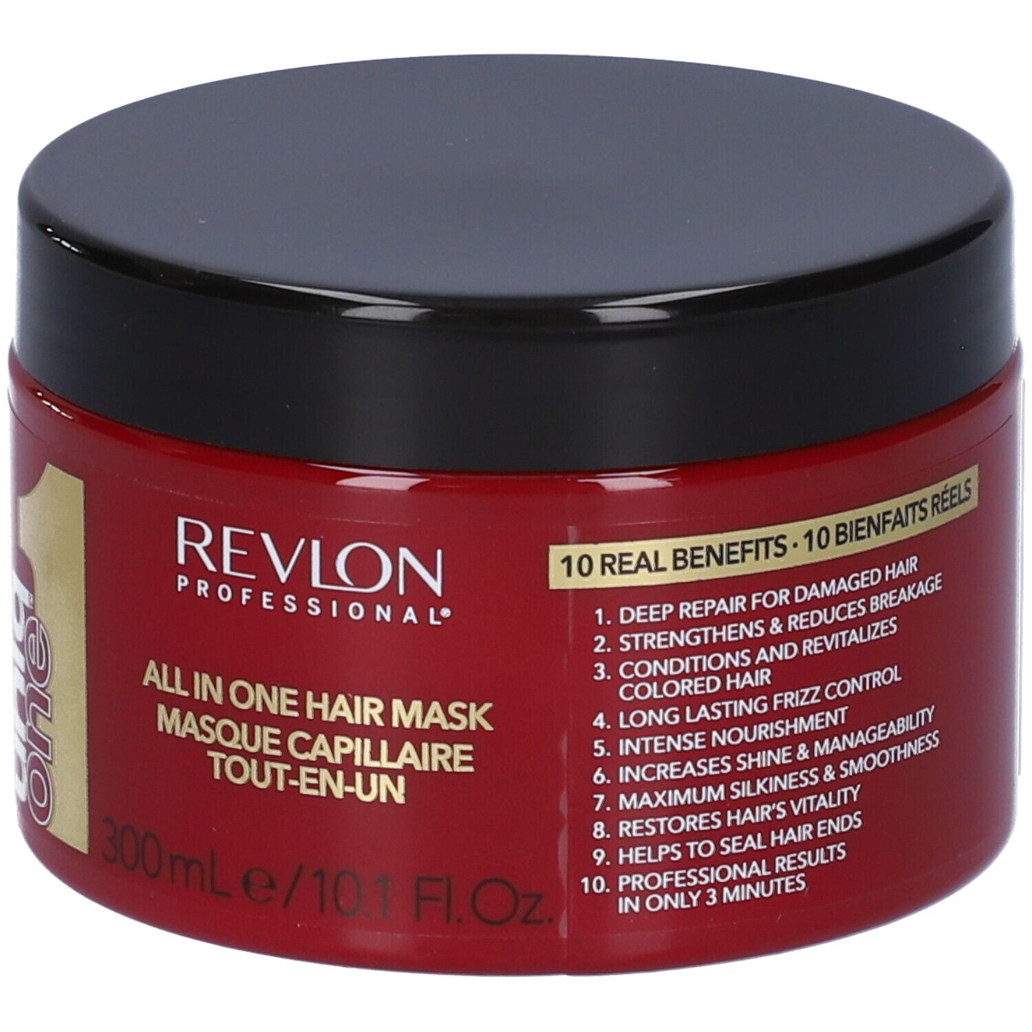 Rote Dose mit schwarzem Deckel. Aufschrift: Revlon Professional Uniq One All in One Hair Mask. 300ml/10.1 Fl.Oz. 10 Vorteile.