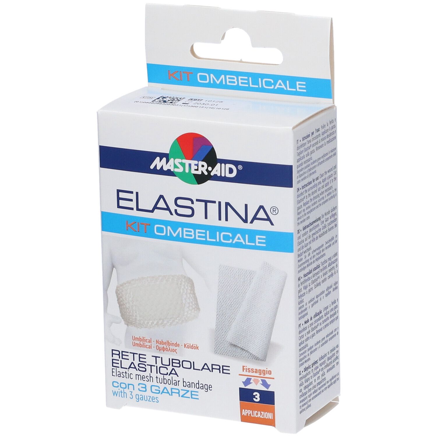 Confezione di Master-Aid Elastina Kit Ombelicale. Contiene benda tubulare elastica con 3 garze. Visibili: logo, nome prodotto, applicazioni.