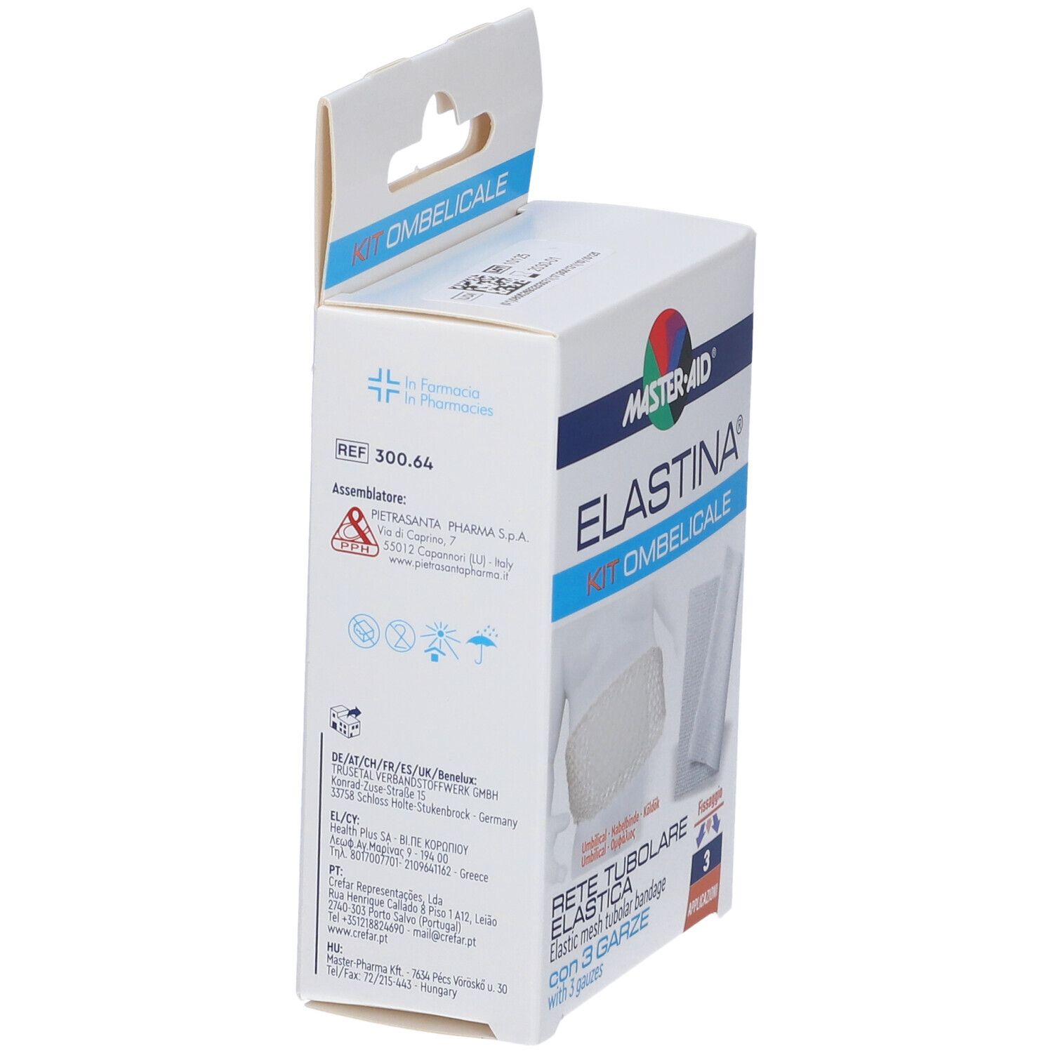 Vista laterale della confezione Master-Aid Elastina Kit Ombelicale. Visibili nome e logo del prodotto. Contiene informazioni e simboli.