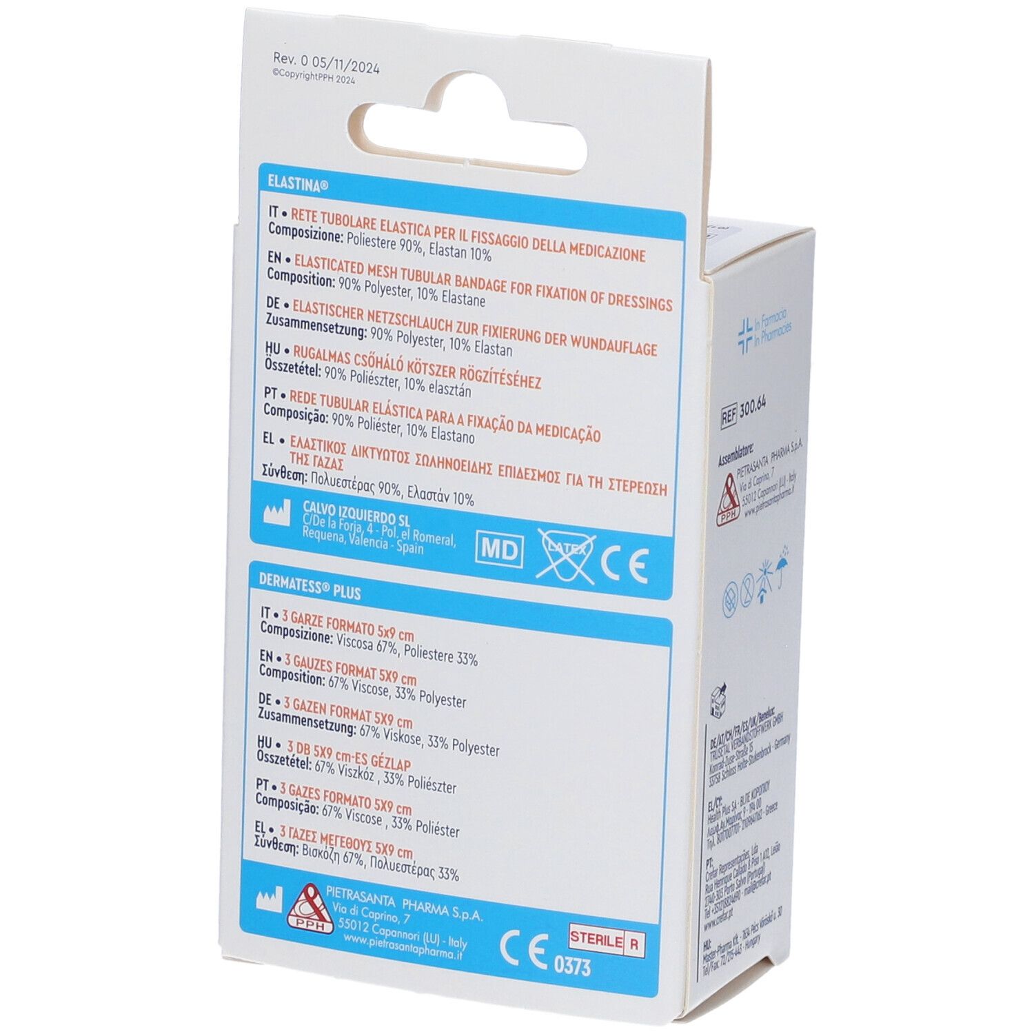 Retro della confezione Master-Aid Elastina Kit Ombelicale. Testo in diverse lingue. Contiene informazioni sulla composizione.