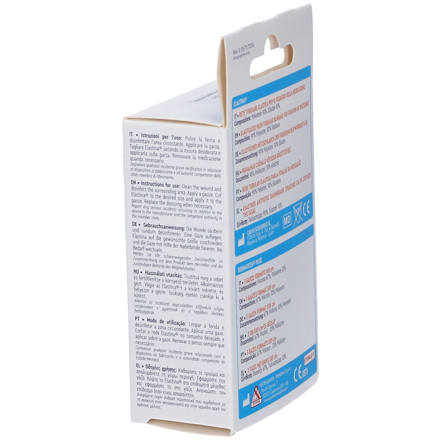 Vista laterale della confezione Master-Aid Elastina Kit Ombelicale. Testo in diverse lingue. Contiene istruzioni per l'uso.