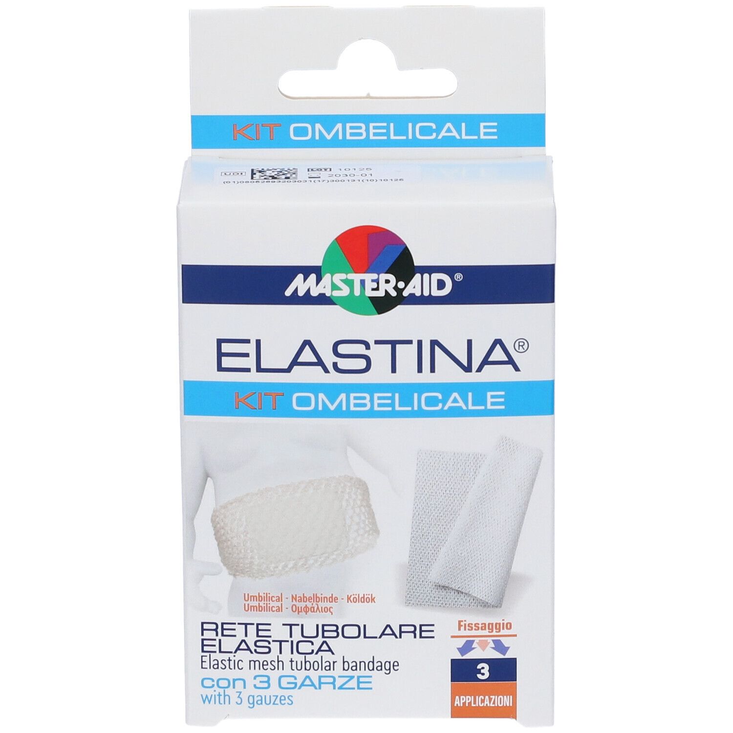 Confezione di Master-Aid Elastina Kit Ombelicale. Contiene benda tubulare elastica con 3 garze. Visibili: logo, nome e applicazioni.