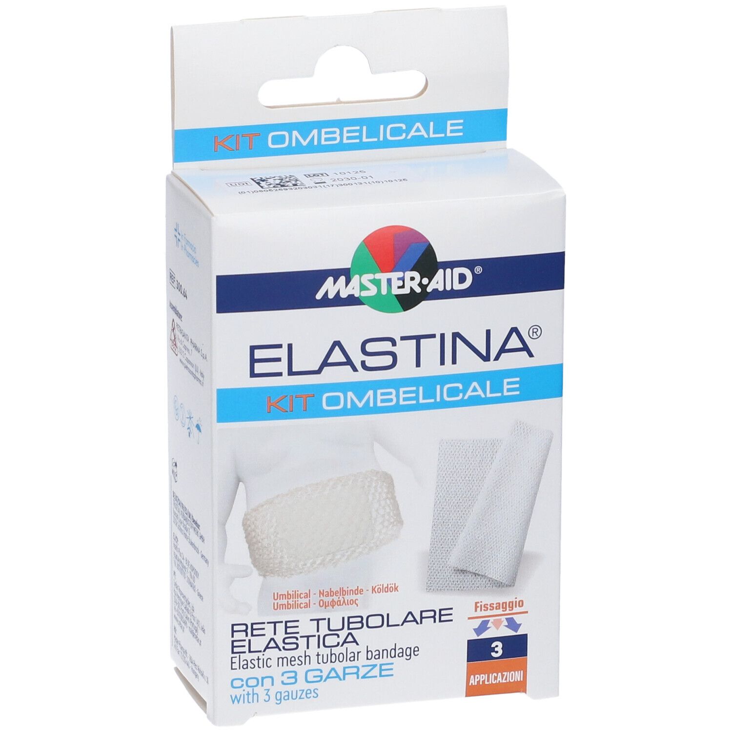 Confezione di Master-Aid Elastina Kit Ombelicale. Contiene benda tubulare elastica con 3 garze. Visibili: logo, nome e applicazioni.
