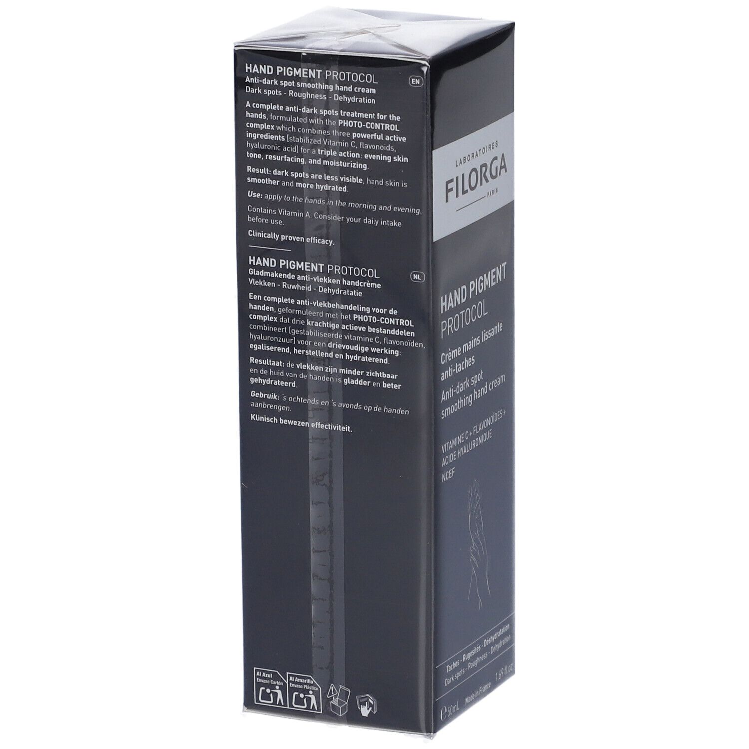 Filorga Hand Pigment Protocol Creme Verpackung, Rückseite mit Text.