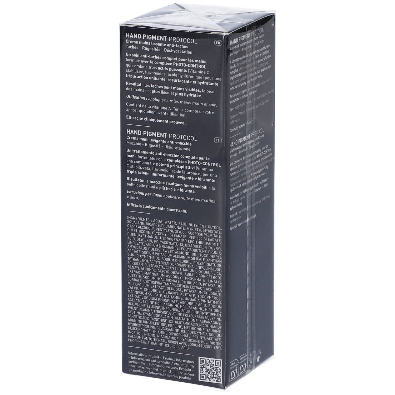 Filorga Hand Pigment Protocol Creme Verpackung, Seite mit Inhaltsstoffen.