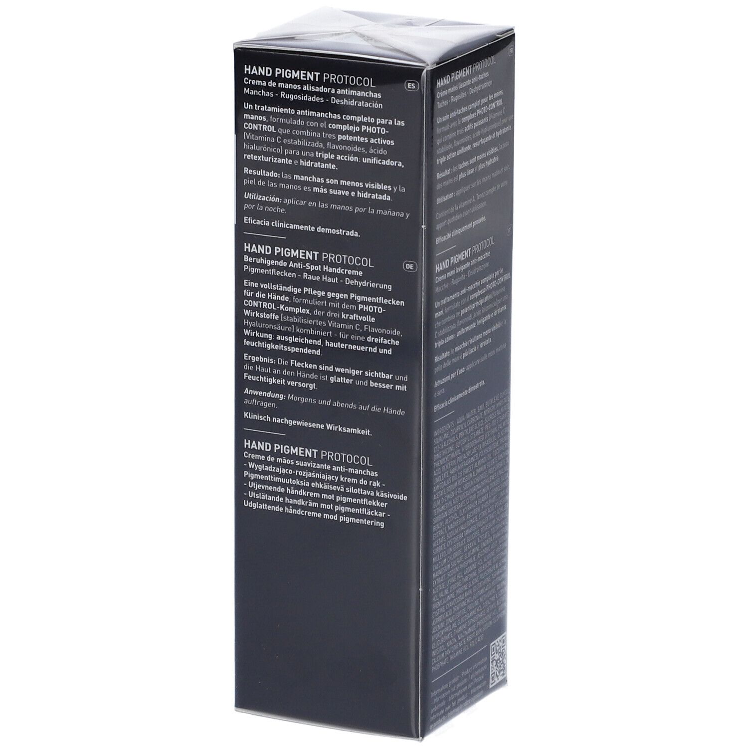 Filorga Hand Pigment Protocol Creme Verpackung, Seite mit Anwendungshinweisen.