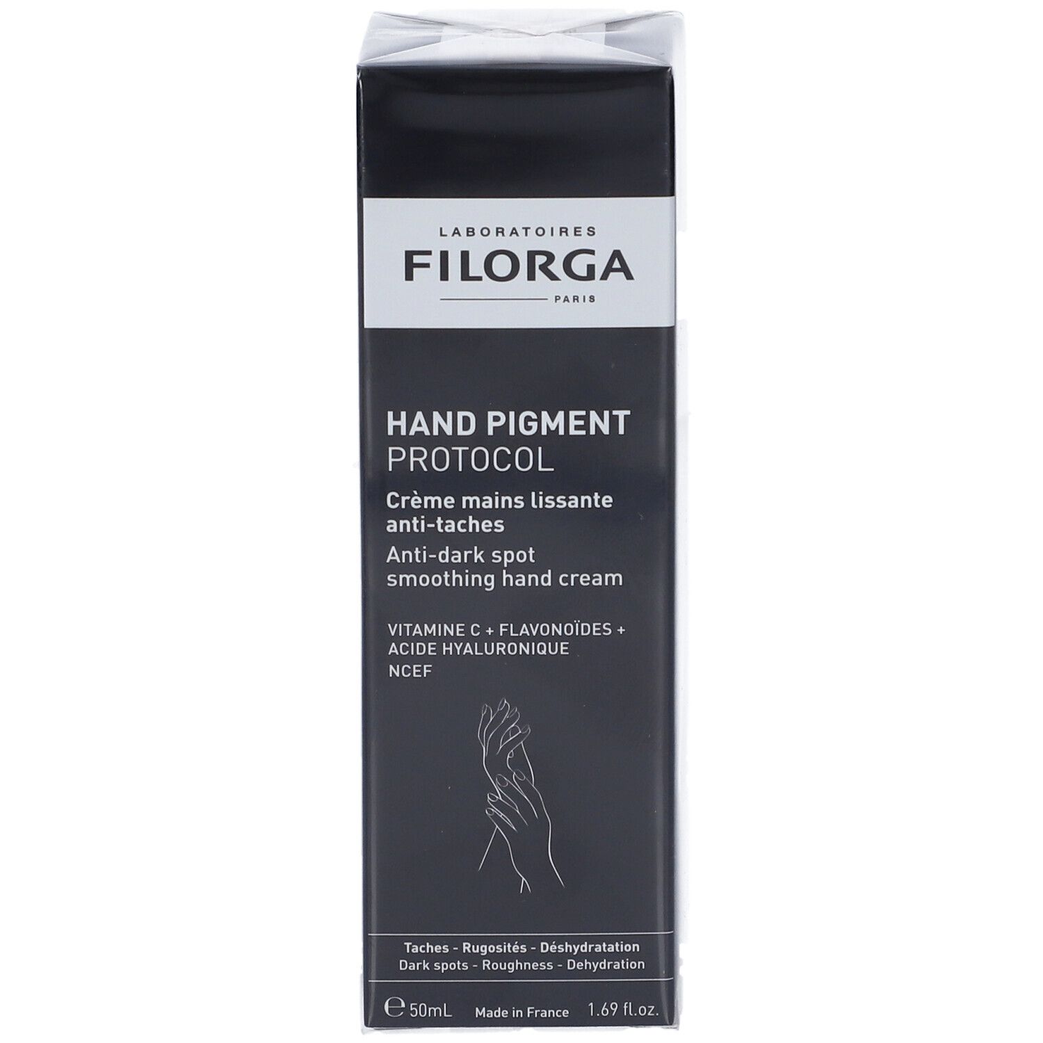 Filorga Hand Pigment Protocol Creme Verpackung, Vorderseite mit Produktnamen.