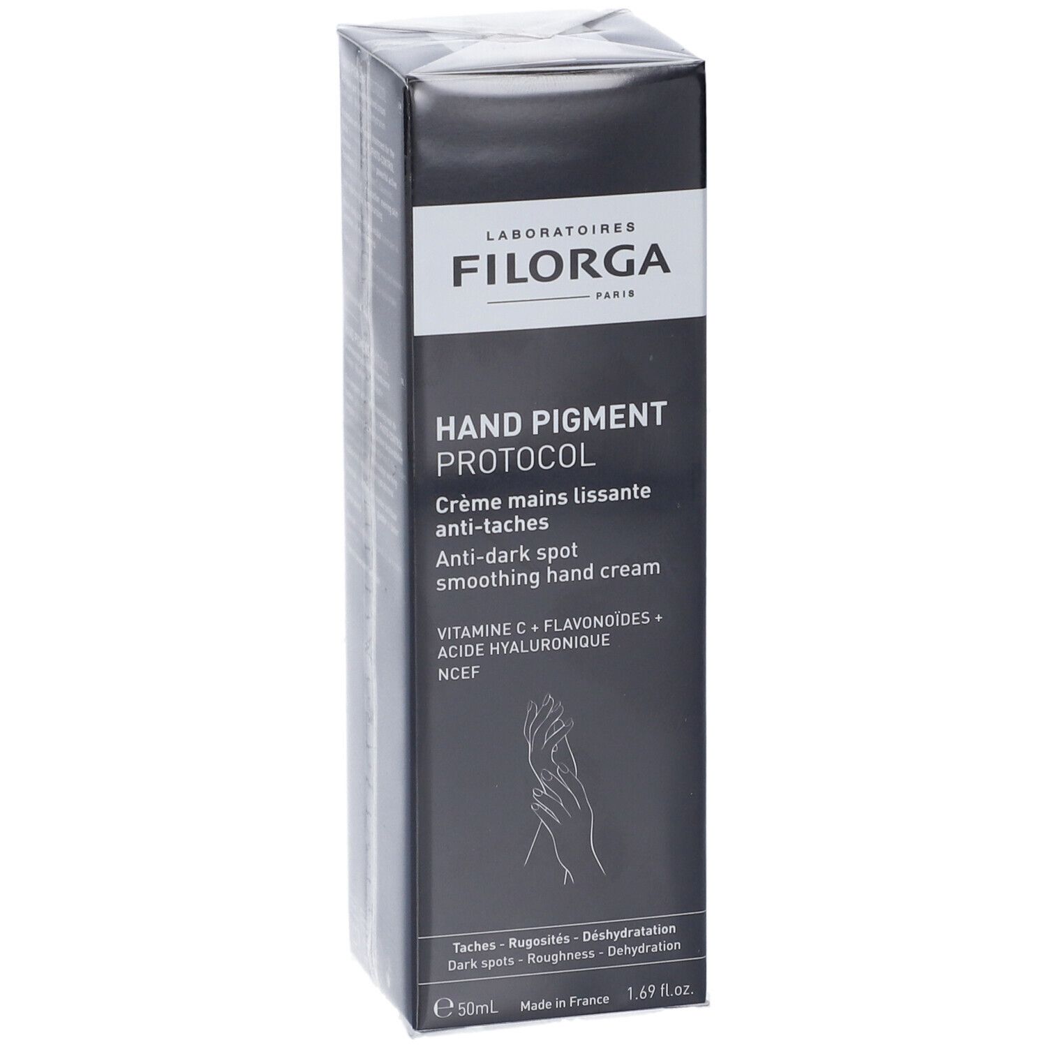 Filorga Hand Pigment Protocol Creme Verpackung, Vorderseite mit Produktnamen.