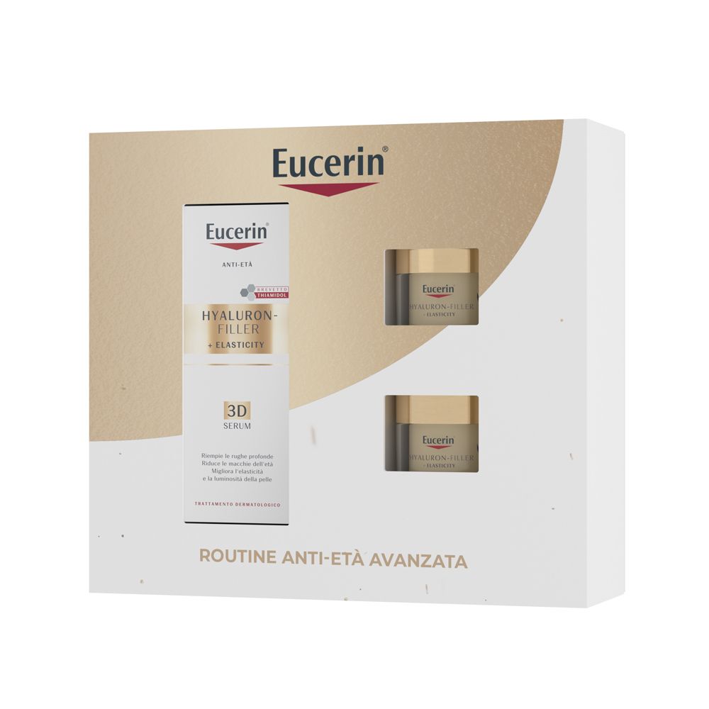 Cofanetto regalo Eucerin. Contiene siero, crema giorno e notte. Con nome e logo del prodotto.