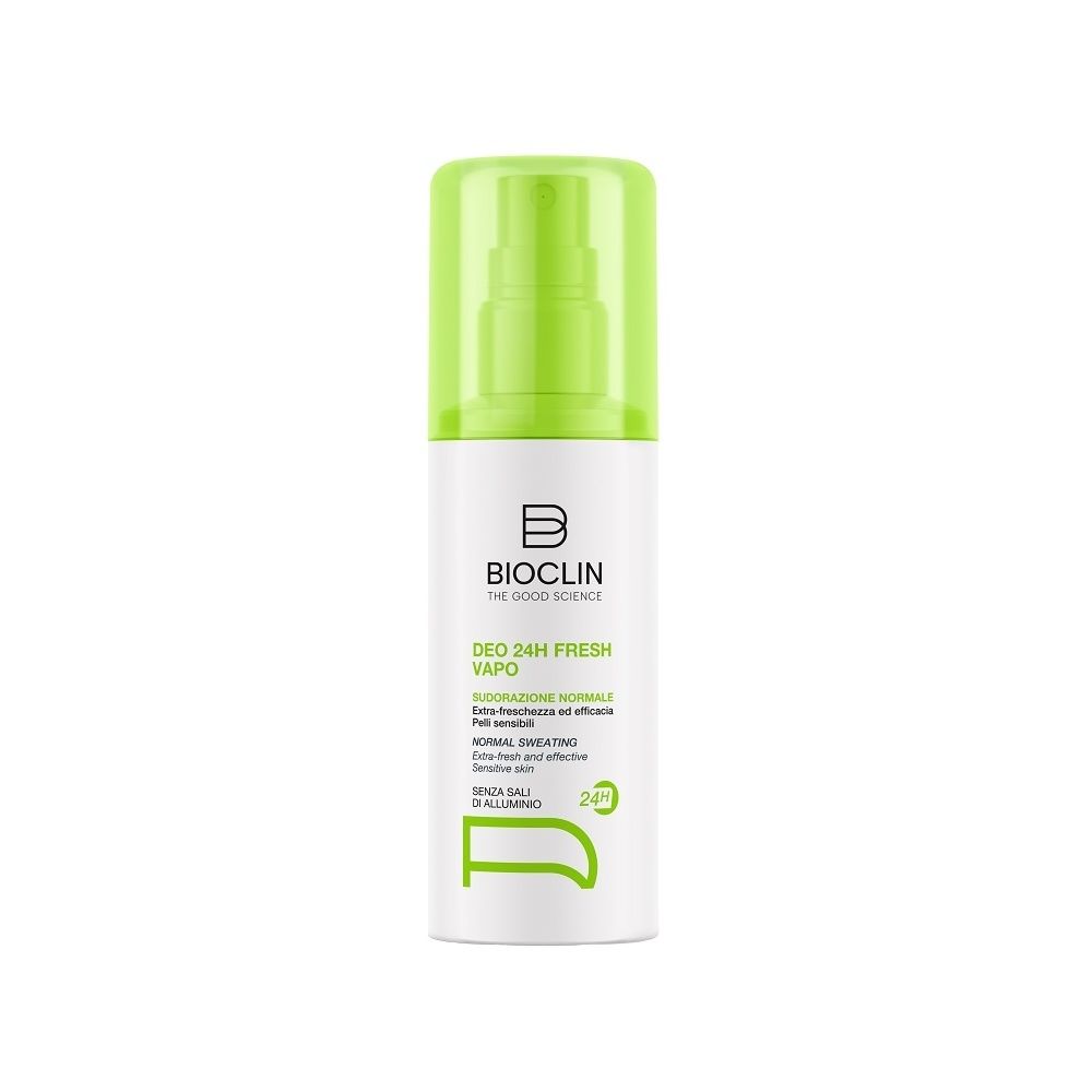Deo 24h Fresh Vapo. Weiße Flasche mit grünem Sprühkopf und Verschluss. Text: Bioclin, Deo 24h Fresh Vapo, ohne Aluminiumsalze.