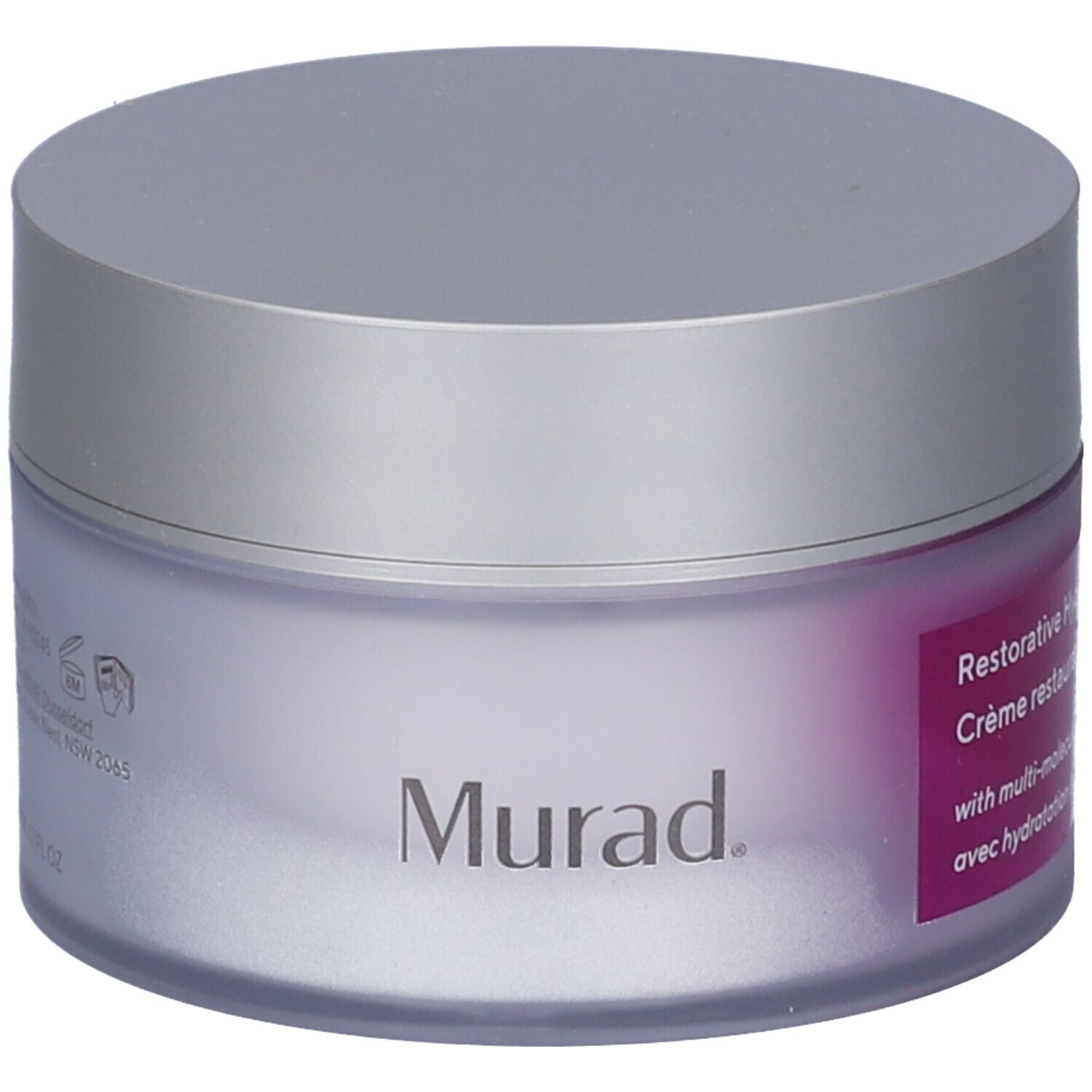 Creme-Tiegel mit silbernem Deckel. Auf dem Etikett steht "Murad" und "Restorative Hydro-Hyaluronic Cream".