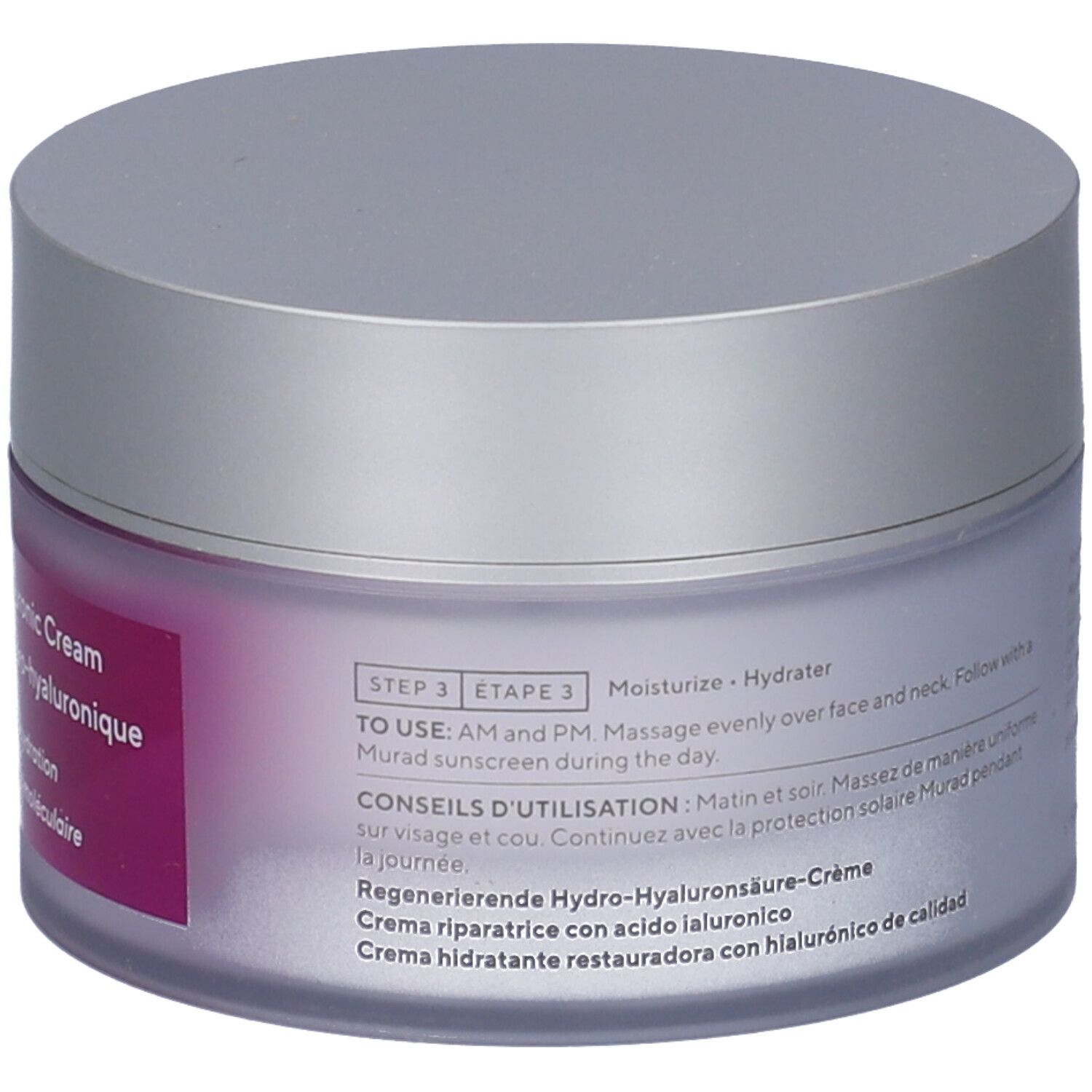 Creme-Tiegel mit silbernem Deckel. Auf dem Etikett steht "Murad" und "Restorative Hydro-Hyaluronic Cream".