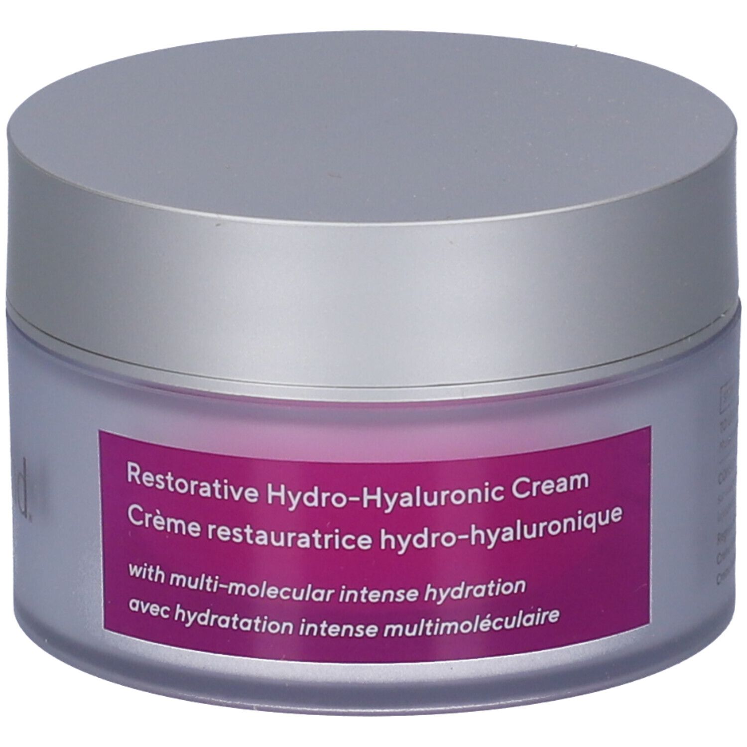 Creme-Tiegel mit silbernem Deckel. Auf dem Etikett steht "Murad" und "Restorative Hydro-Hyaluronic Cream".
