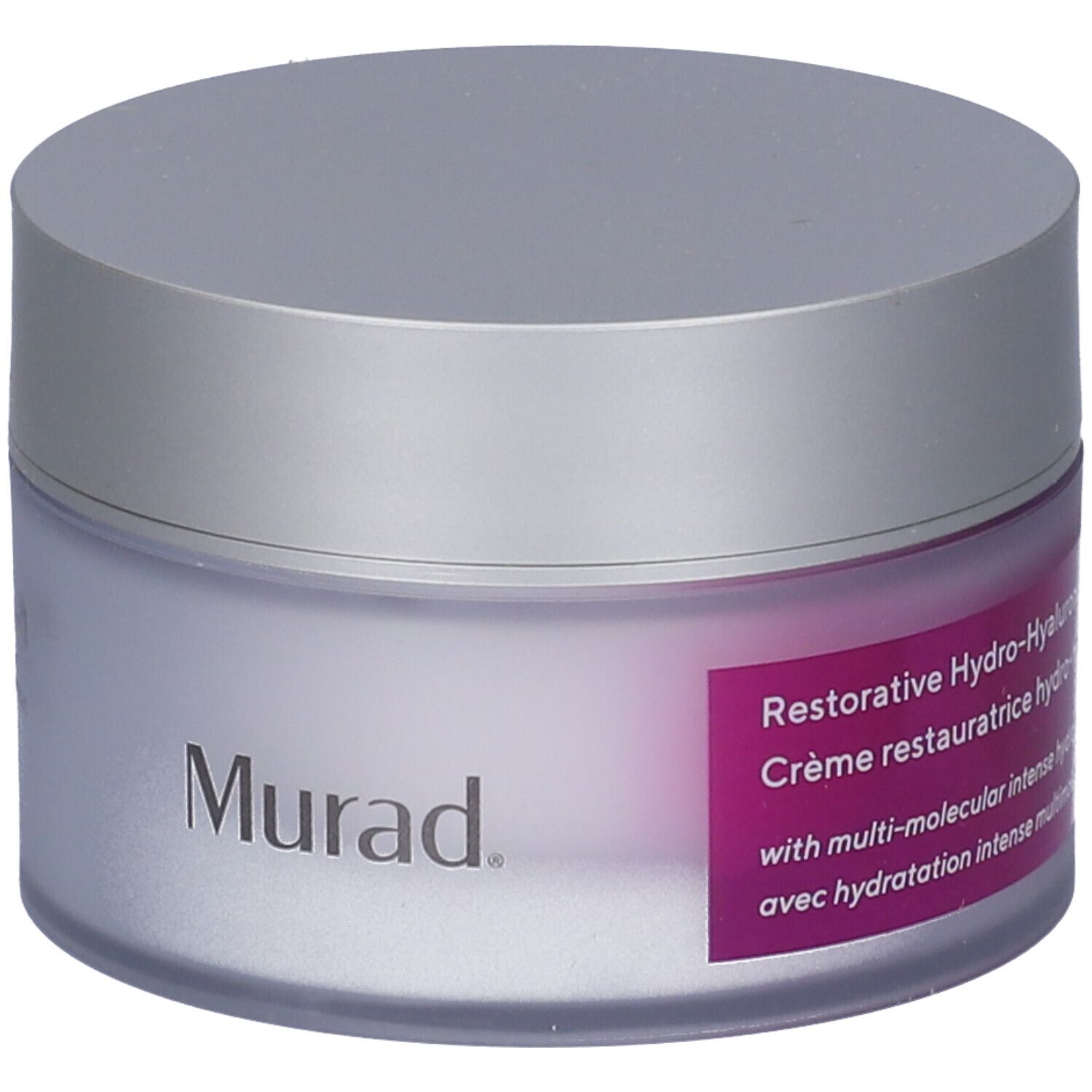 Creme-Tiegel mit silbernem Deckel. Auf dem Etikett steht "Murad" und Informationen.