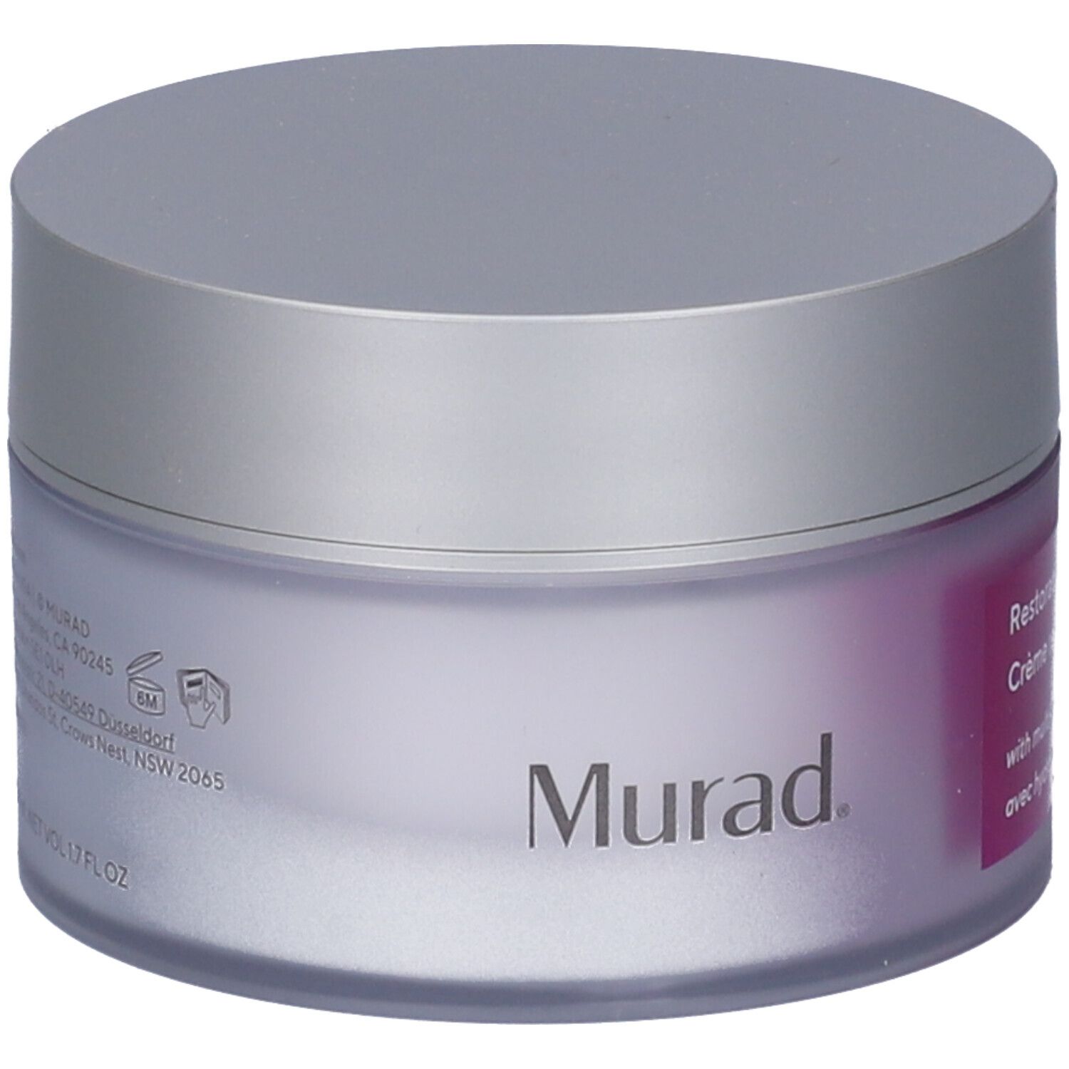 Creme-Tiegel mit silbernem Deckel. Auf dem Etikett steht "Murad" und "Restorative Hydro-Hyaluronic Cream".