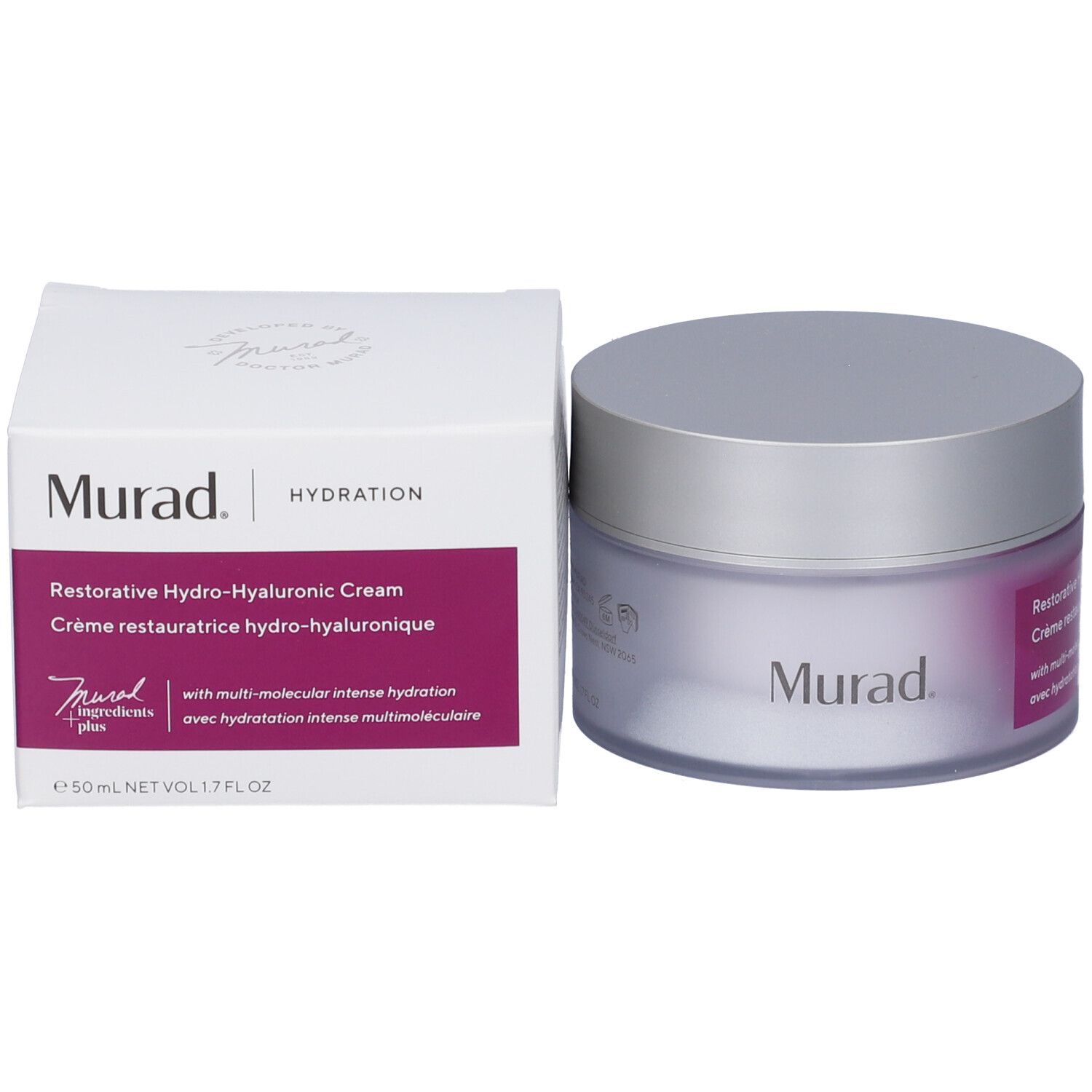 Creme-Tiegel mit silbernem Deckel und eine Schachtel. Auf beiden steht "Murad" und "Restorative Hydro-Hyaluronic Cream".