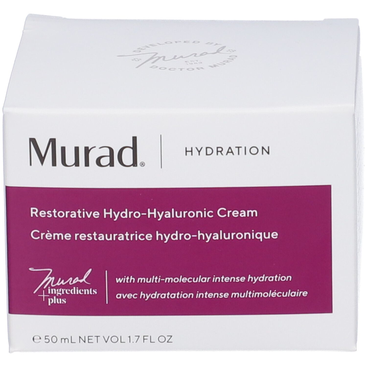 Weiße Schachtel mit Aufschrift "Murad". Auf der Schachtel steht "Restorative Hydro-Hyaluronic Cream".