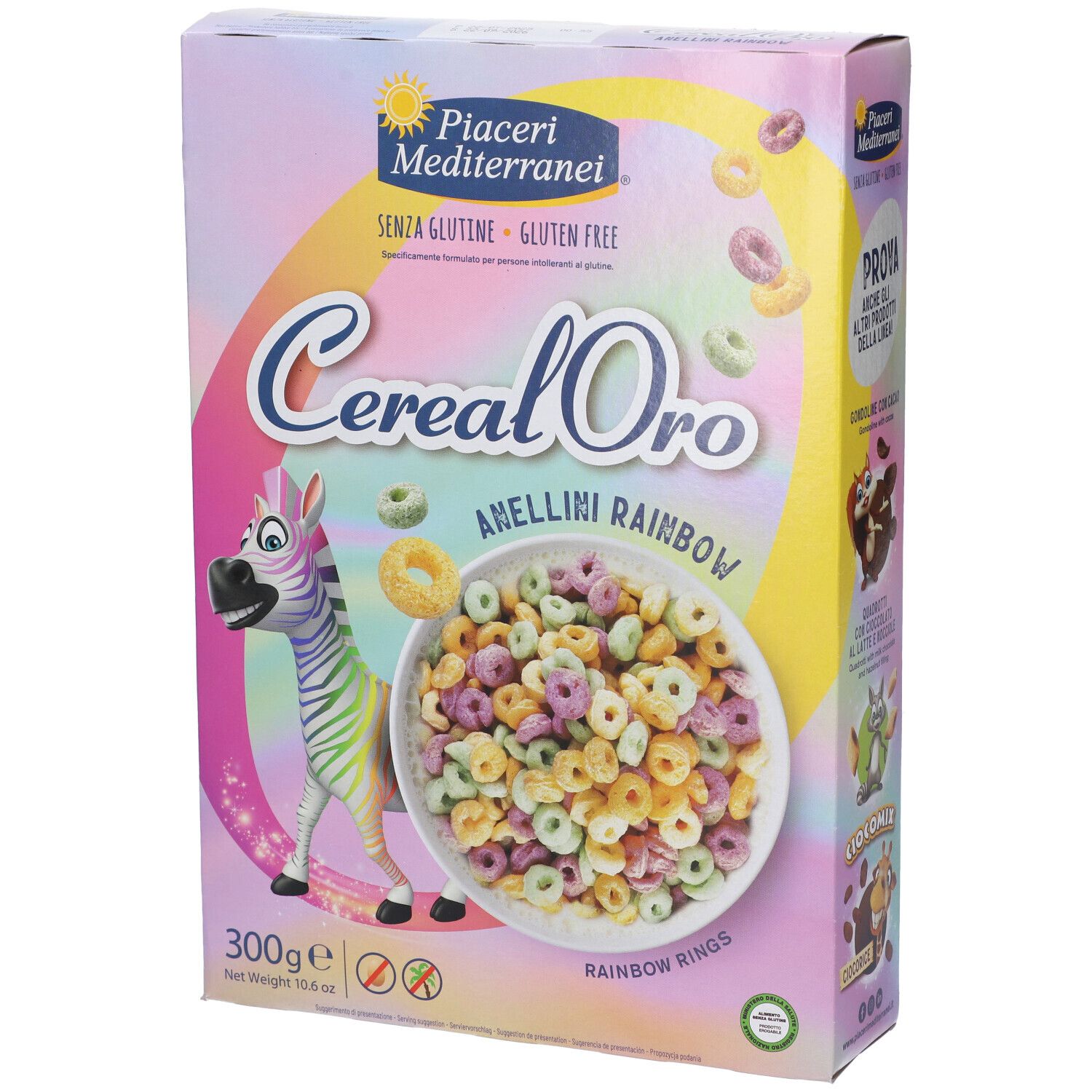 Verpackung von Piaceri Mediterranei Cereal Oro Anellini Rainbow. Bunte Ringe in Schüssel. Zebra-Illustration. Glutenfrei.