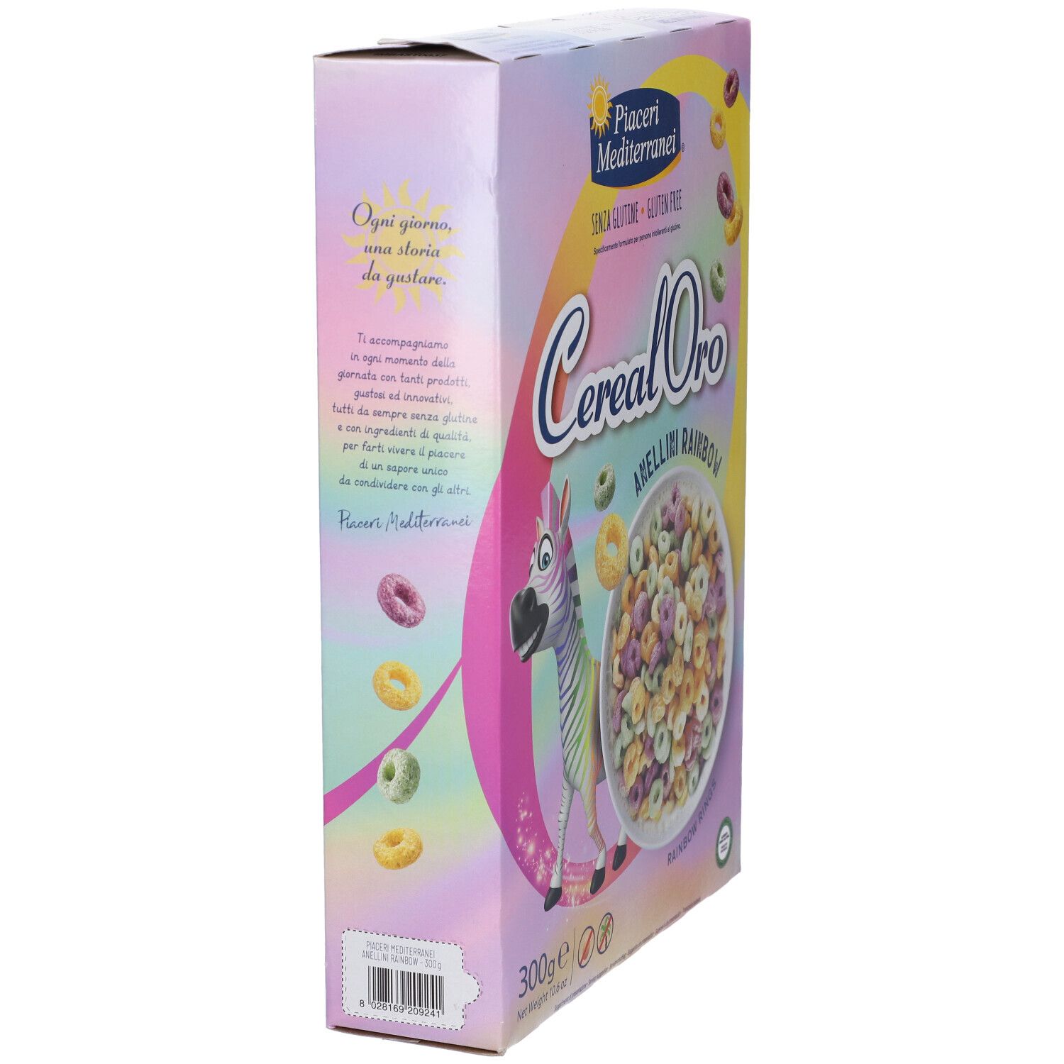 Piaceri Mediterranei Cereal Oro Anellini Rainbow Verpackung. Seitenansicht. Text und Illustrationen. Glutenfrei.